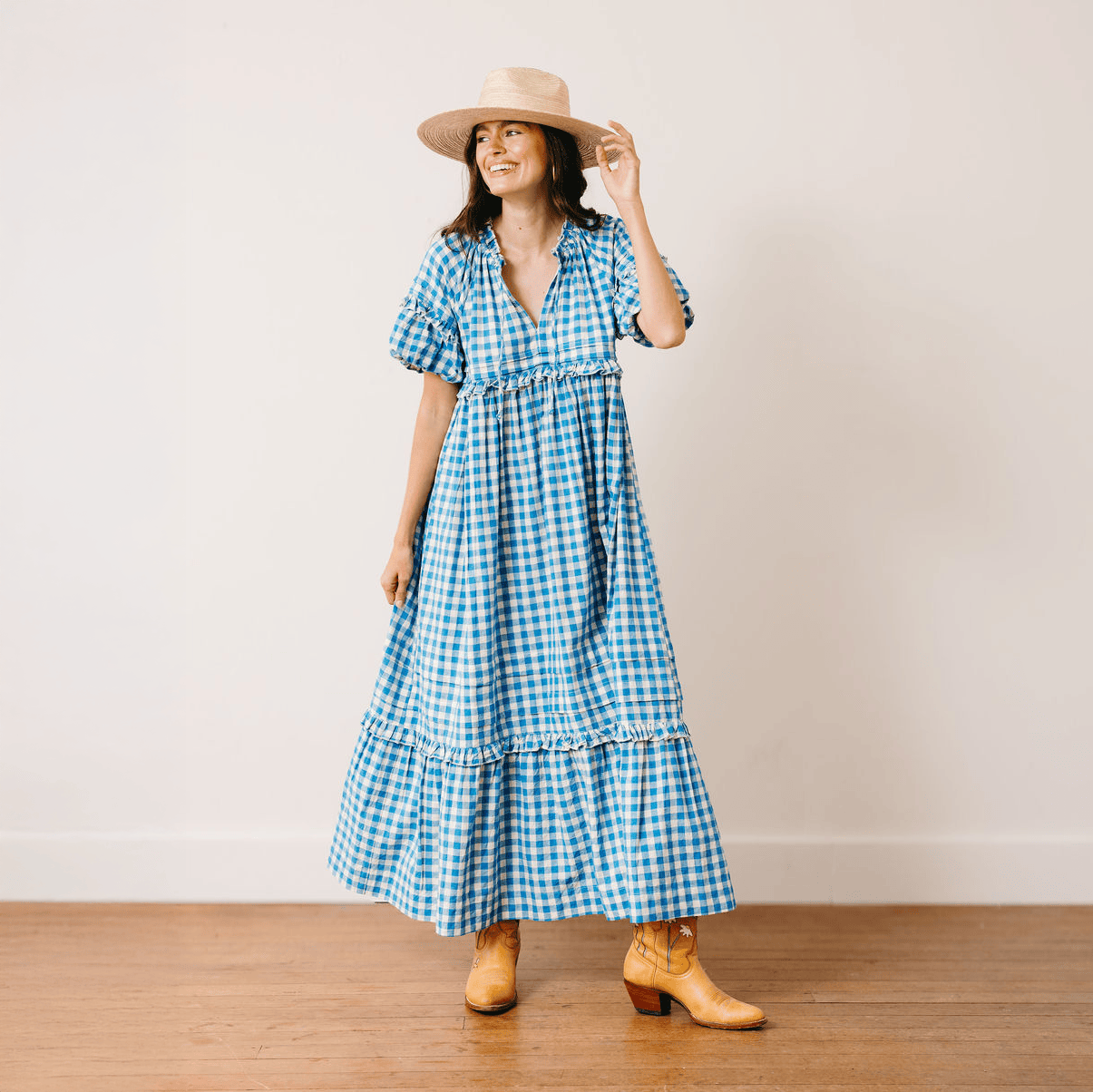 blue checkered maxi dress Bay Gingham Charlotte XS Cartmel check sleeve:36/37 Kids_Dress Light blue wedding guest flare silhouette with a
