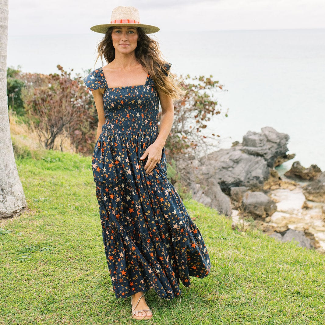 Sunshine Tienda Printed Tiered Rio Midi Dress, Size L, Navy/Multi Sunshine Tienda Printed Tiered Rio Midi Dress, Size L, Navy/Multi