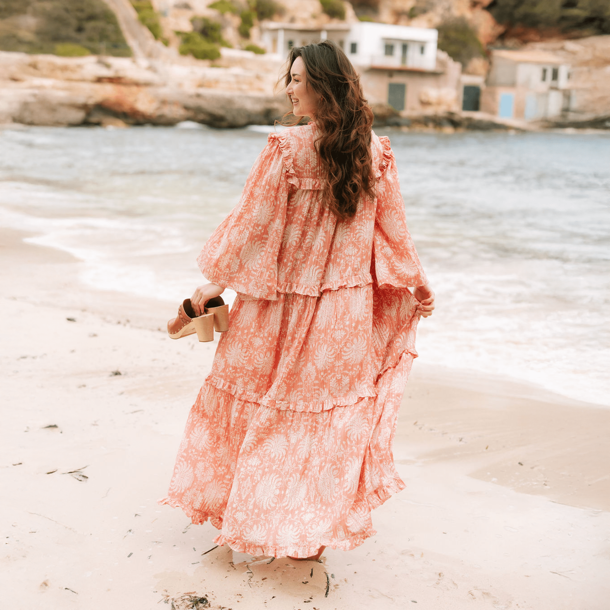 Sunshine Tienda® Rose Gilded Palm Paradise Maxi Dress