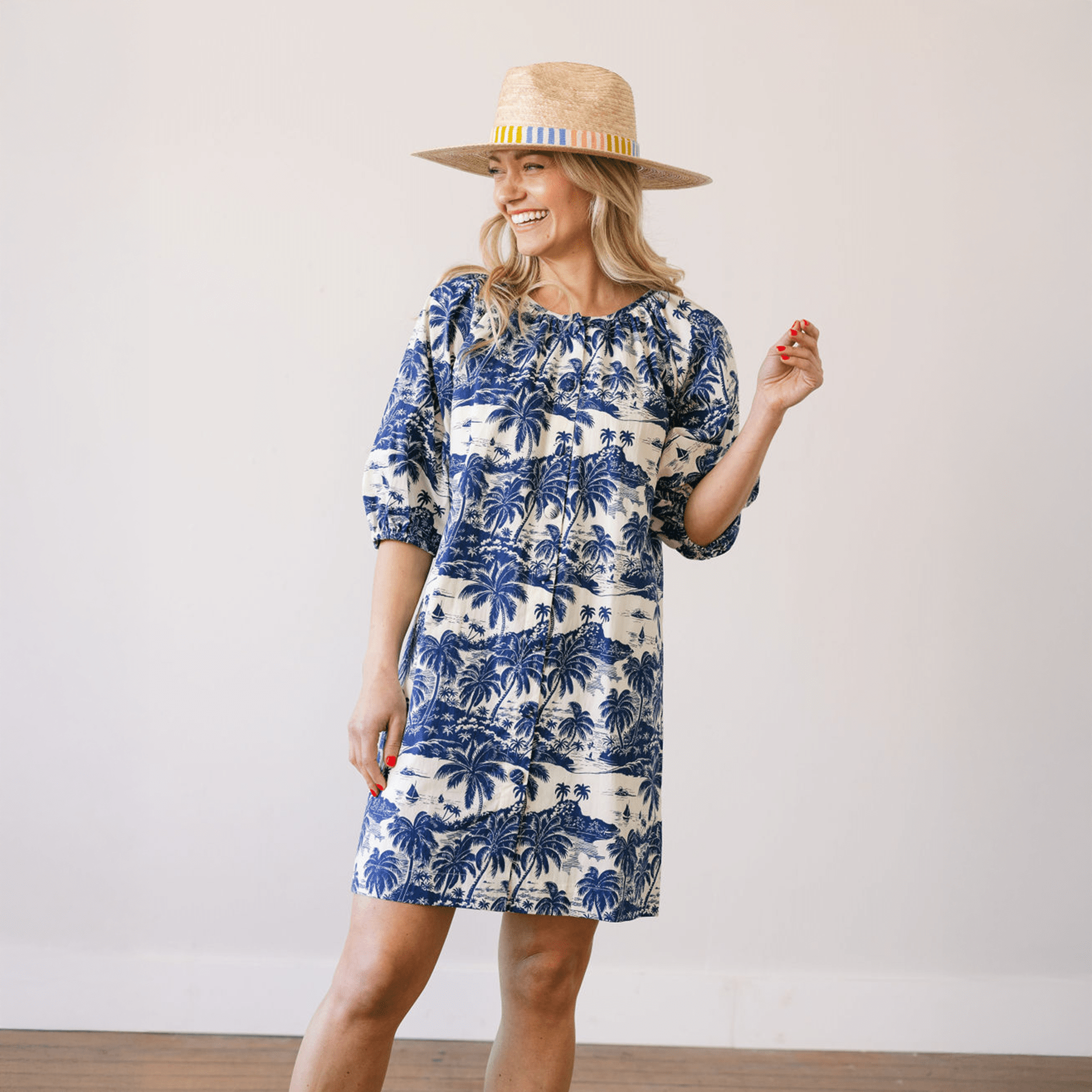 knee length dresses for ladies FITZROY & WILLA Soleil Mini Dress Blue/White Toile main image 1