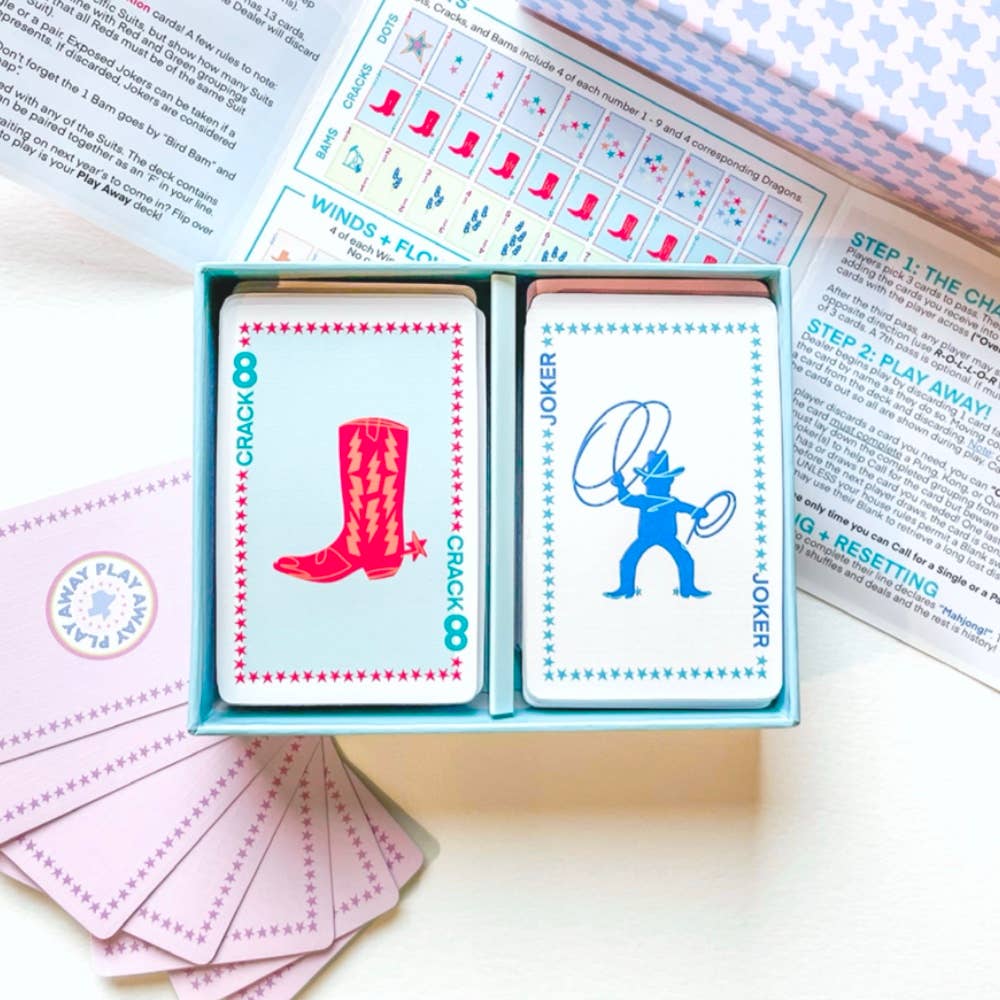 Playing cards with cowboy boot and blue joker design in a box, surrounded by game instructions.