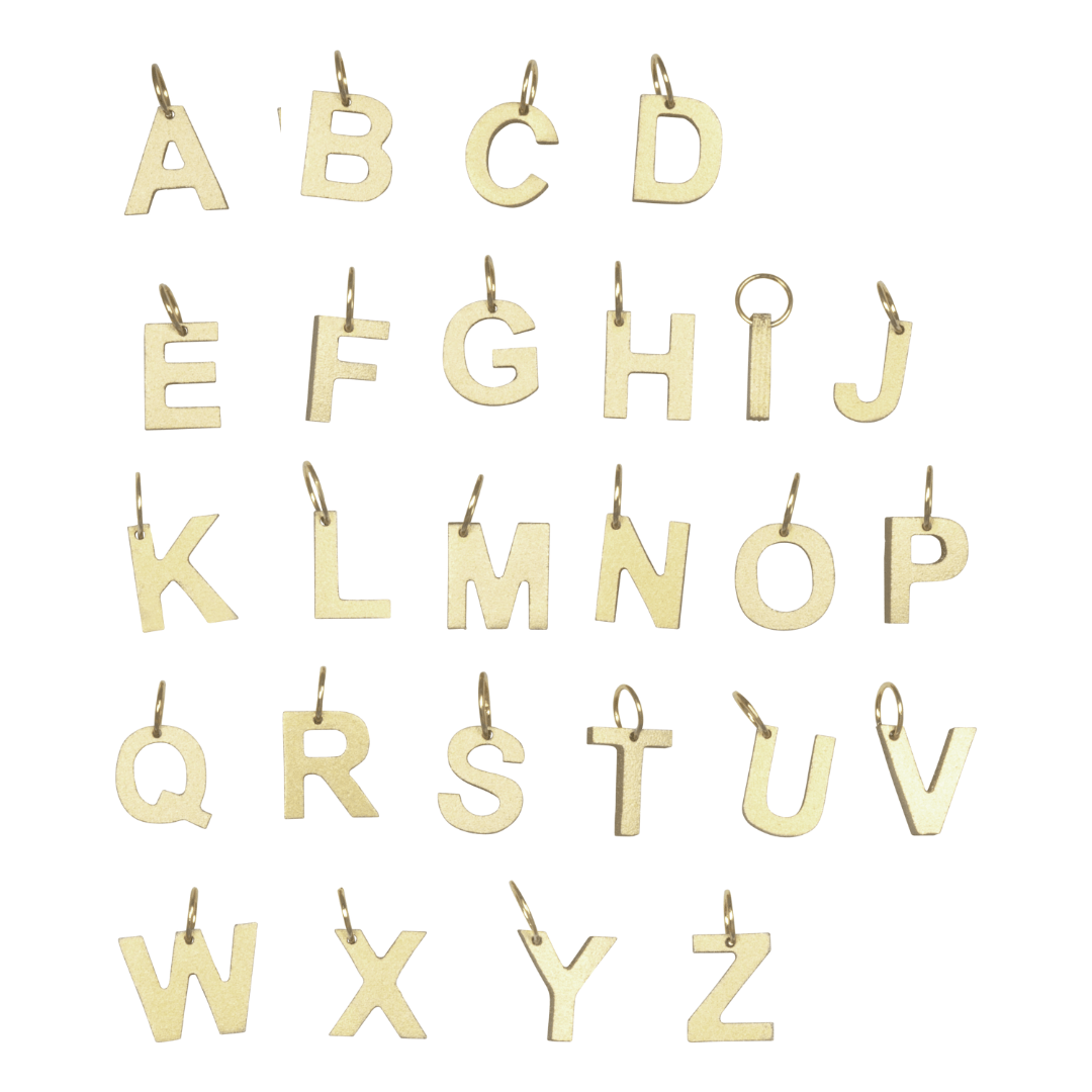 A collection of gold-colored metal letter charms from A to Z, designed for use as jewelry components.