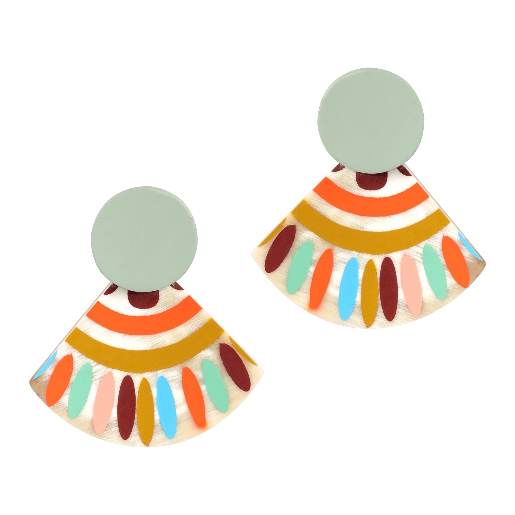 Colorful earrings with circular tops and fan-shaped bottoms on a white background
