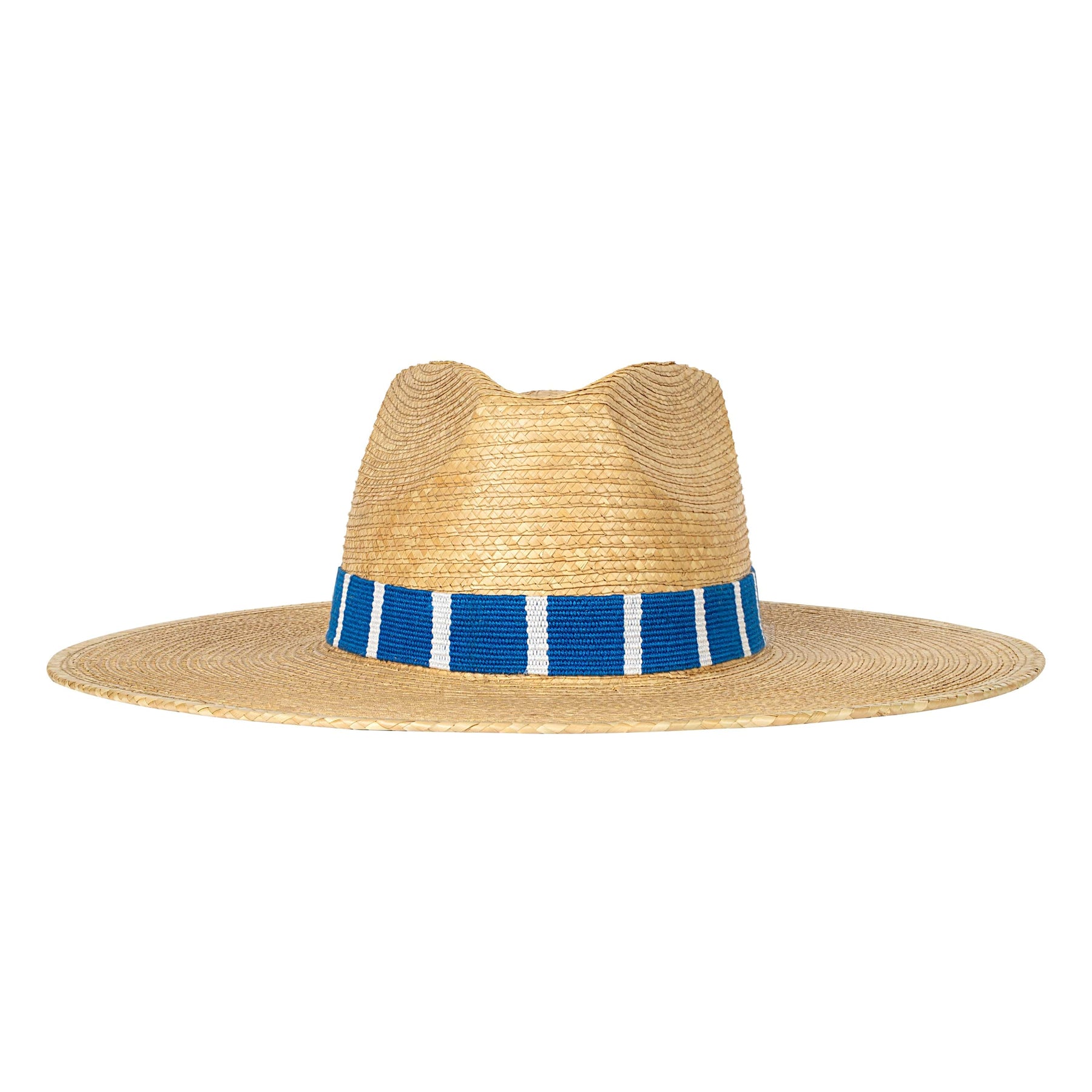 Straw hat with a blue and white striped band on a white background