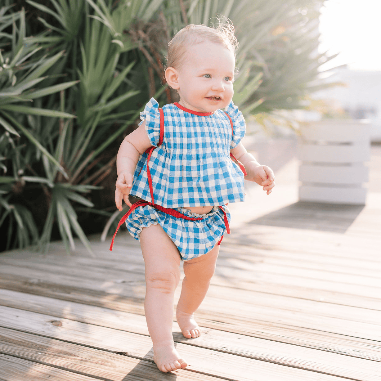 Sunshine Tienda® Blue Bay Gingham Baby's Dune Bloomer Set