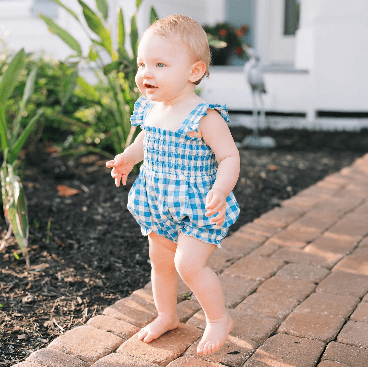 Sunshine Tienda® Blue Bay Gingham Baby's Rio Bubble Romper