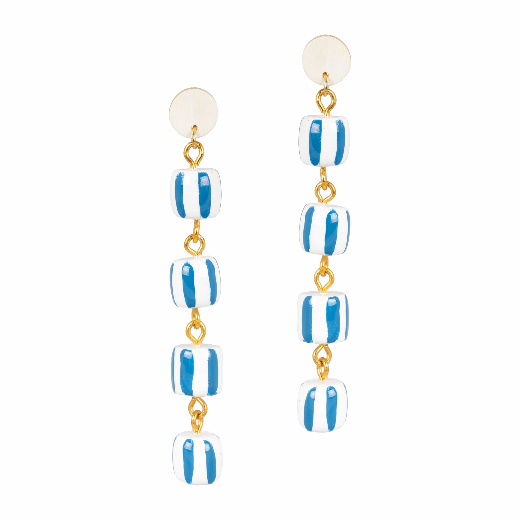 Pair of earrings with blue and white striped beads on a white background