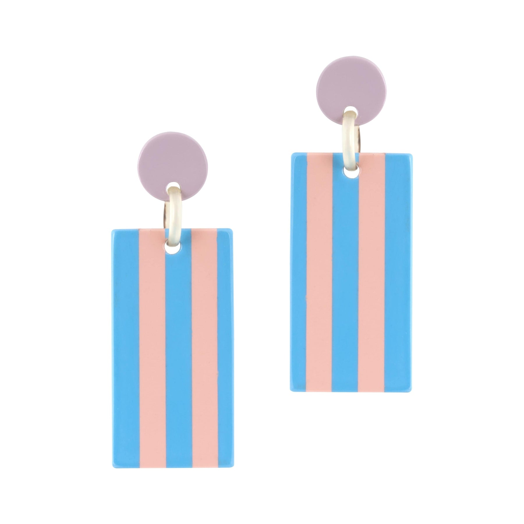 A pair of earrings featuring bright blue and soft pink striped rectangular drops with a small circular pink top connected by a gold post.