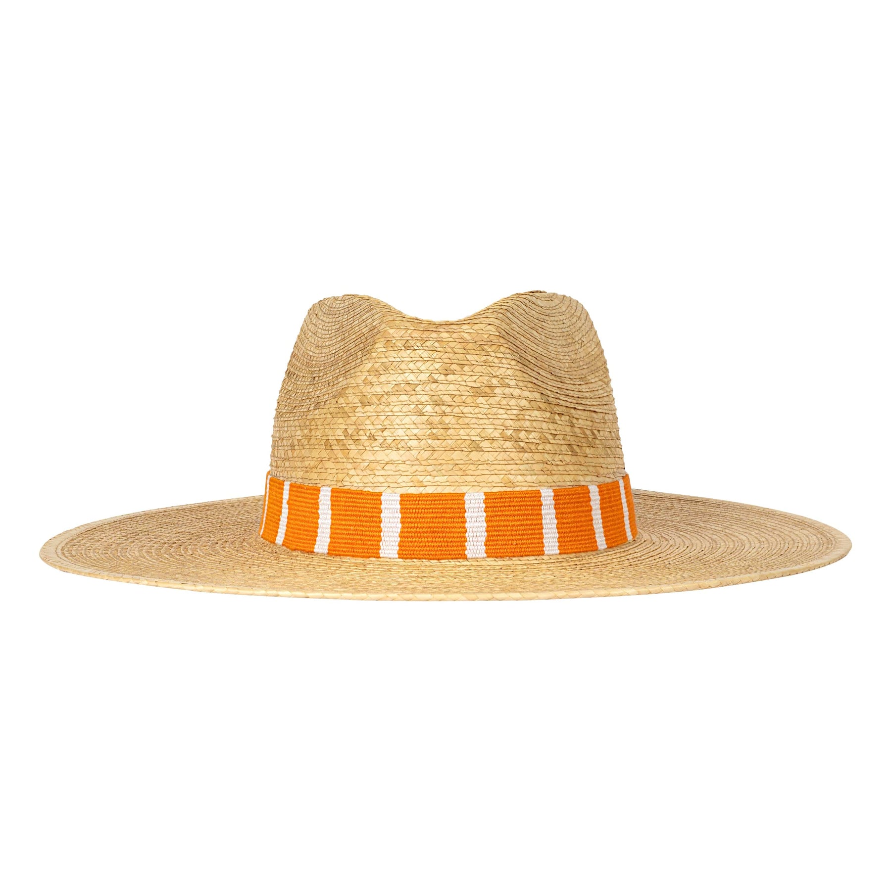 Straw hat with an orange and white striped band on a white background