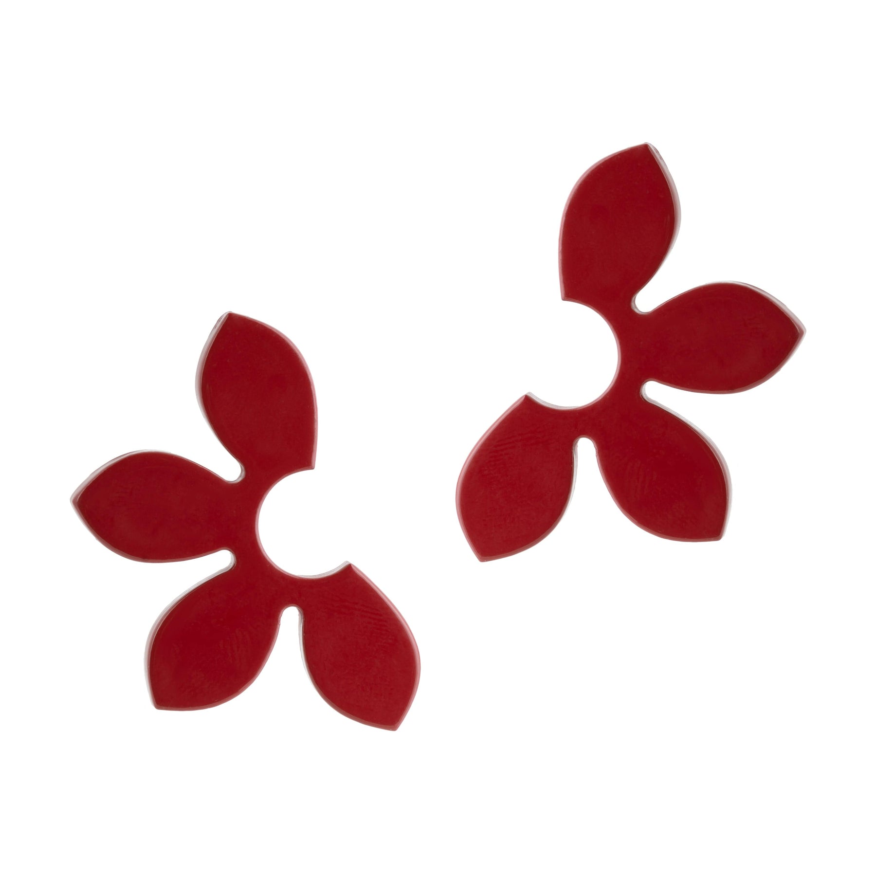A pair of burgundy red petal-shaped earrings made from lightweight buffalo horn with stainless steel ear post.