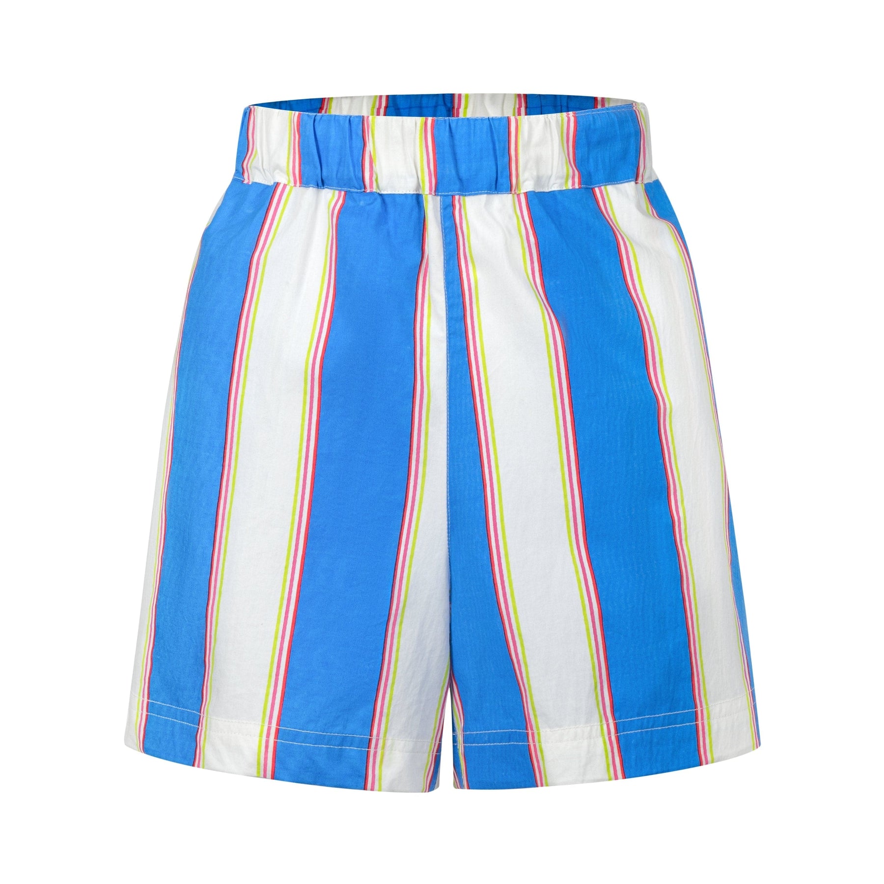 Striped shorts with blue, white, and multicolor stripes on a white background