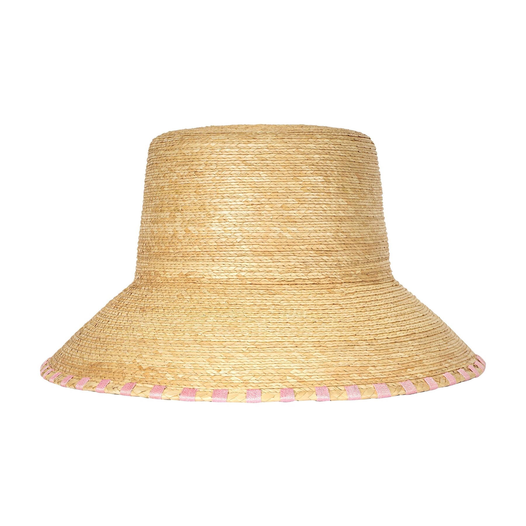 Beige straw hat with pink trim on a white background