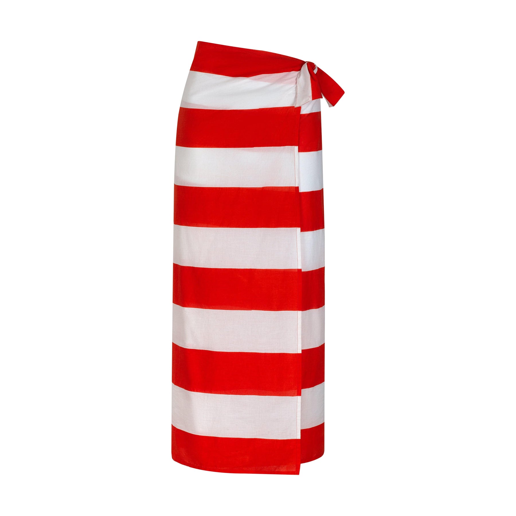 A red and white striped sarong tied around the waist against a white background.