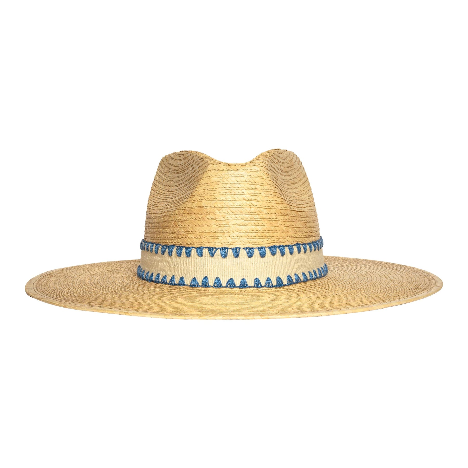 Straw hat with a blue band on a white background