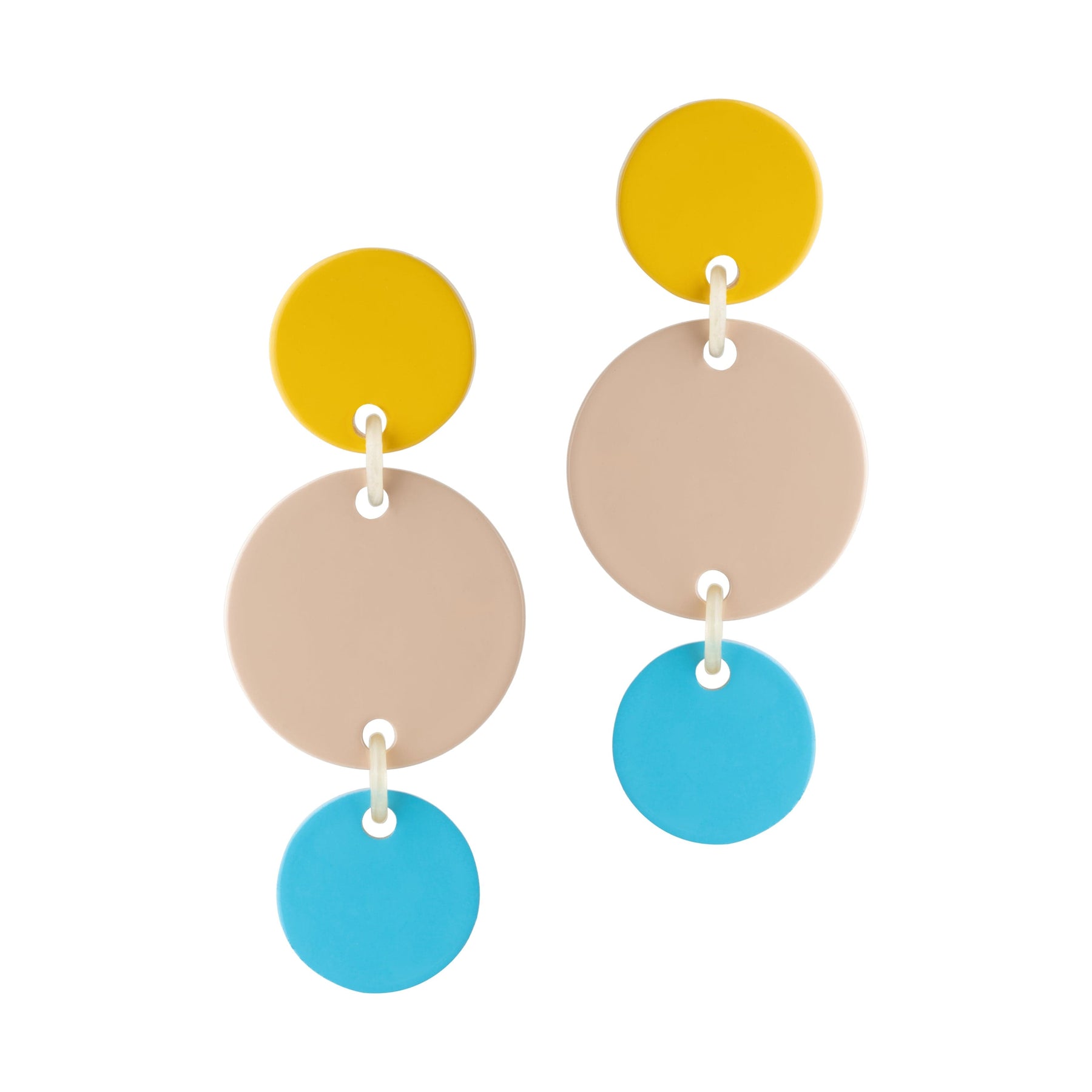 A set of three drop earrings in yellow, beige, and blue colors made from buffalo horn and stainless steel.