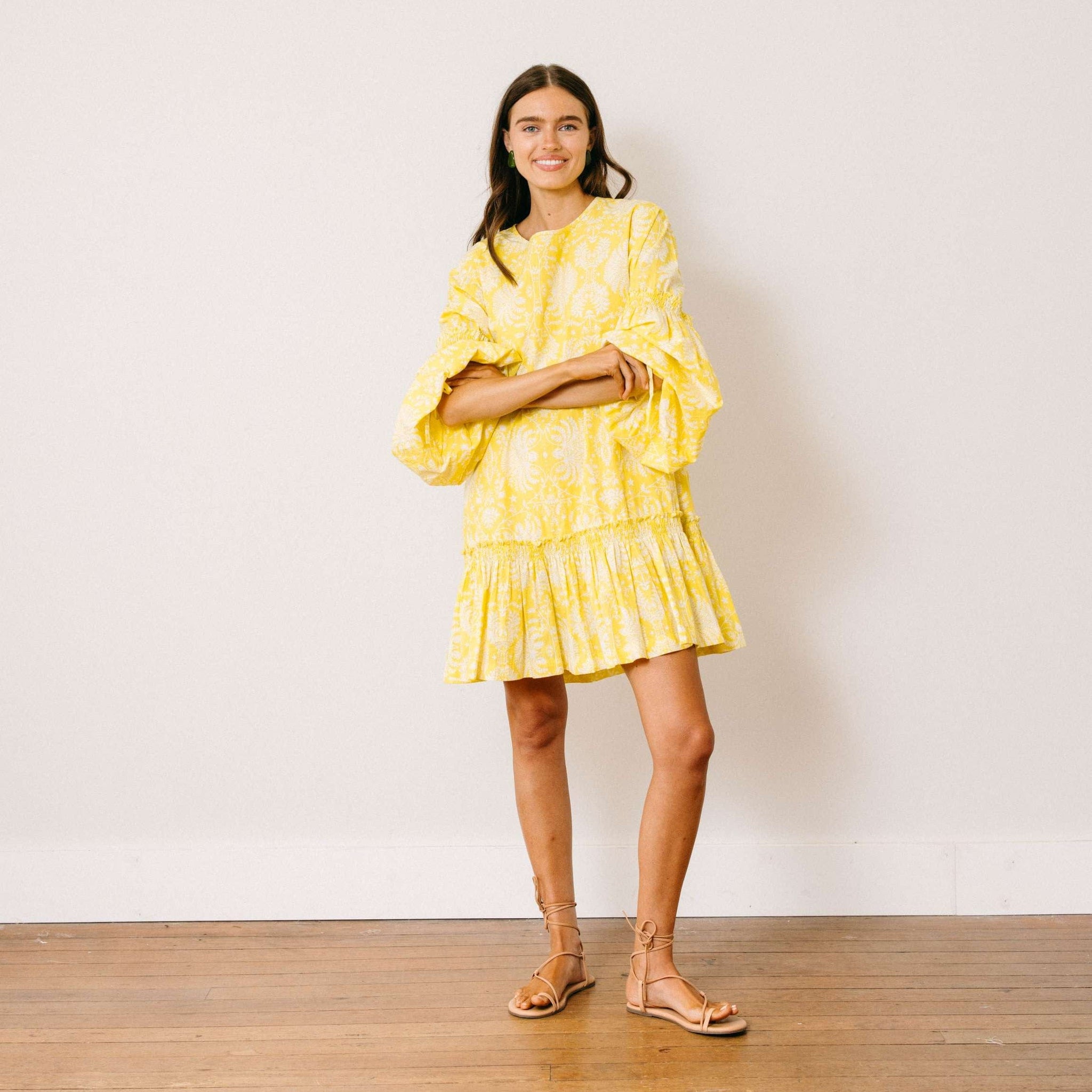 Citron Gilded Palm Khai Mini Dress S Citron Gilded Palm Khai Mini Dress S