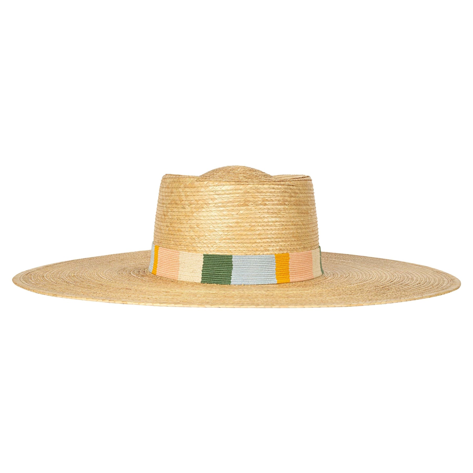 Wide-brimmed straw hat with a colorful band on a white background