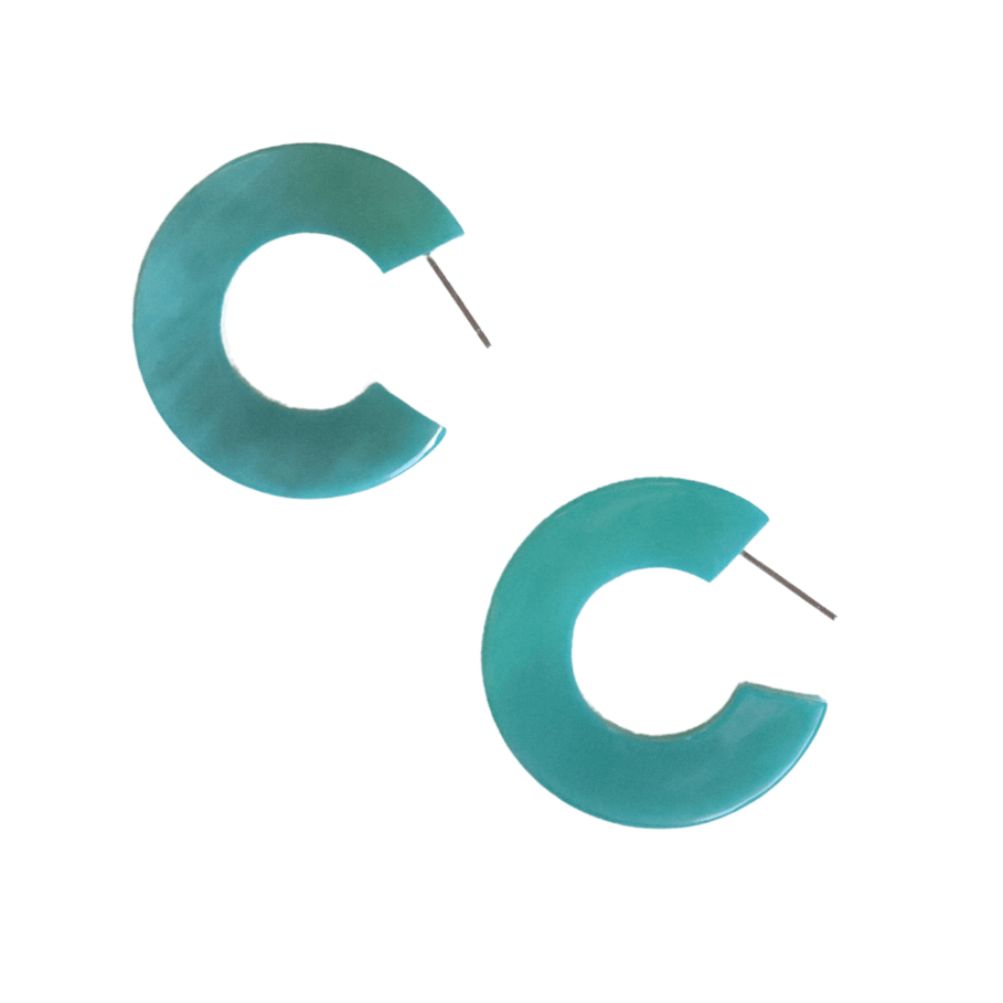 Teal hoop earrings on a white background