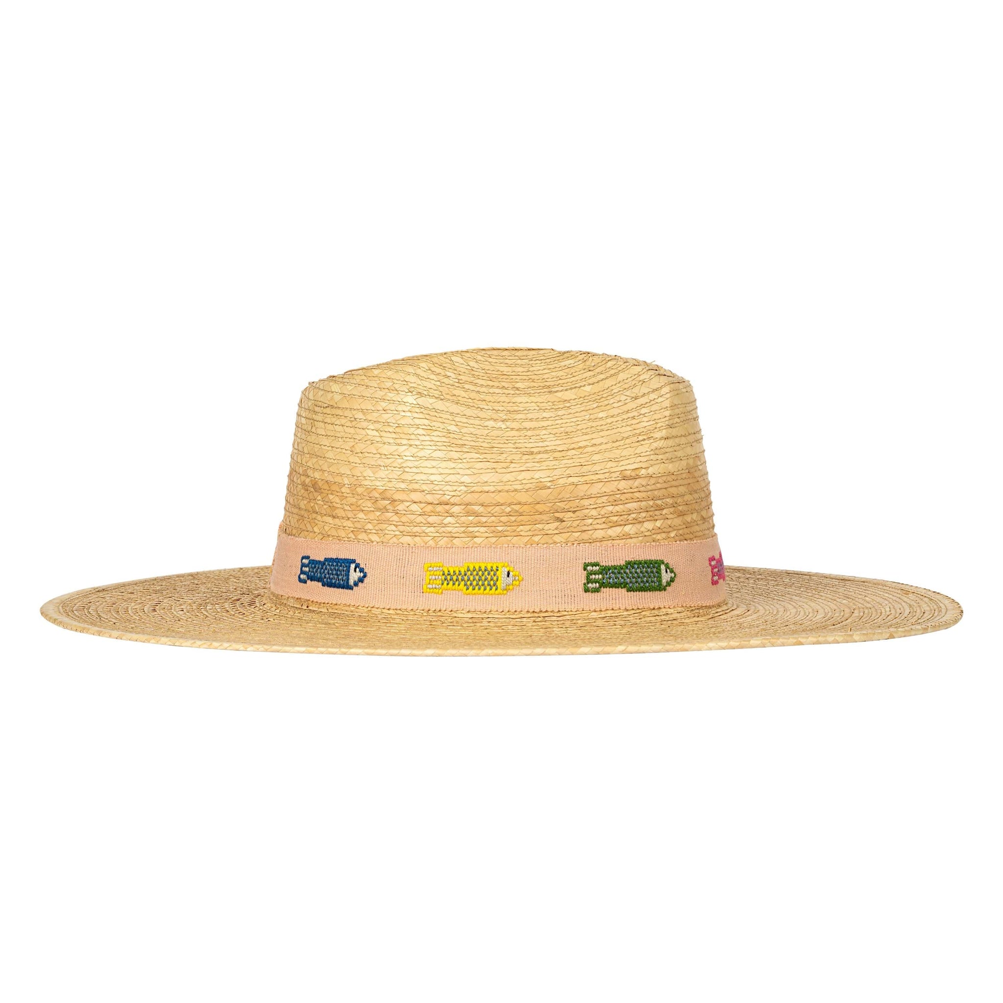 Straw hat with a colorful band on a white background
