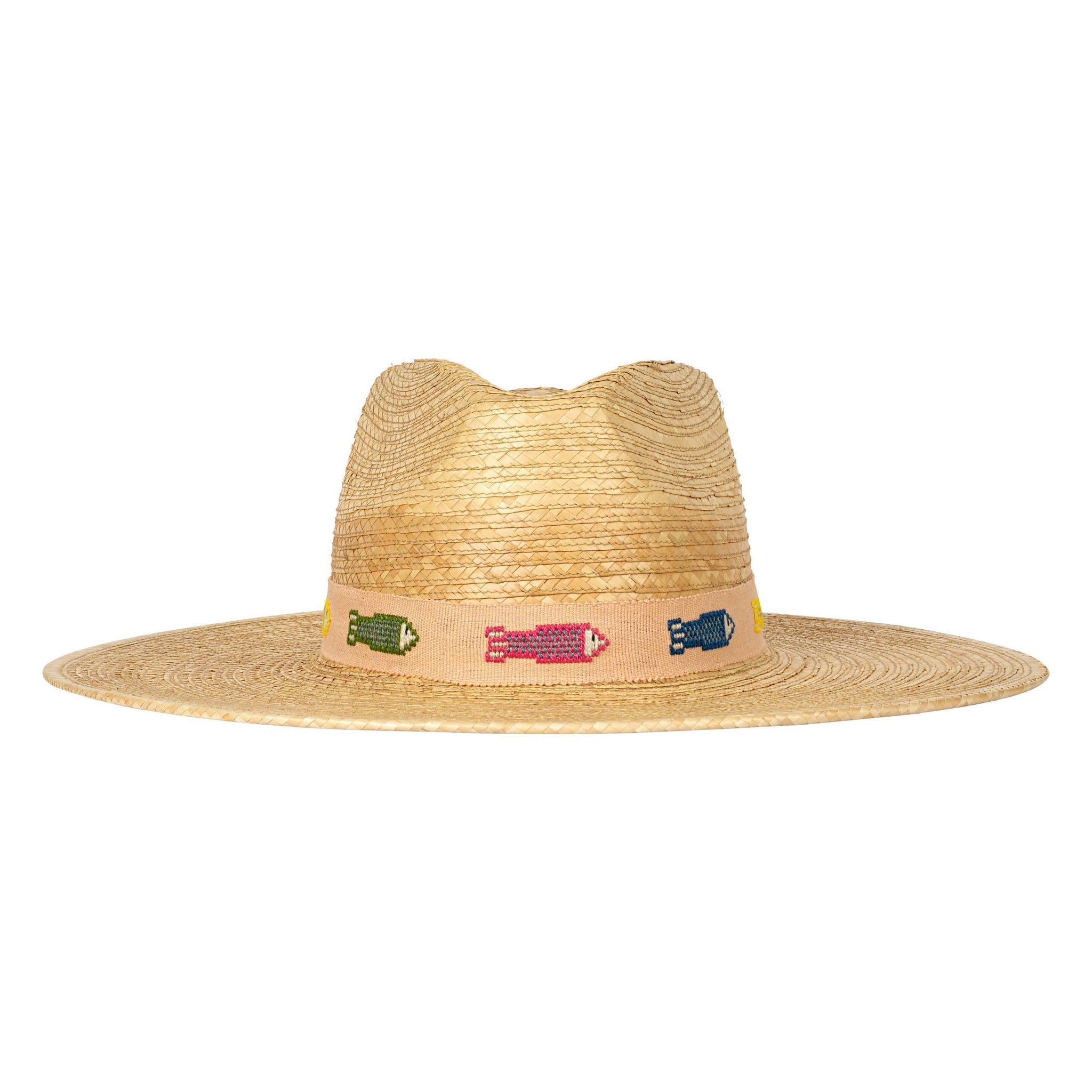 Straw hat with decorative band on a white background