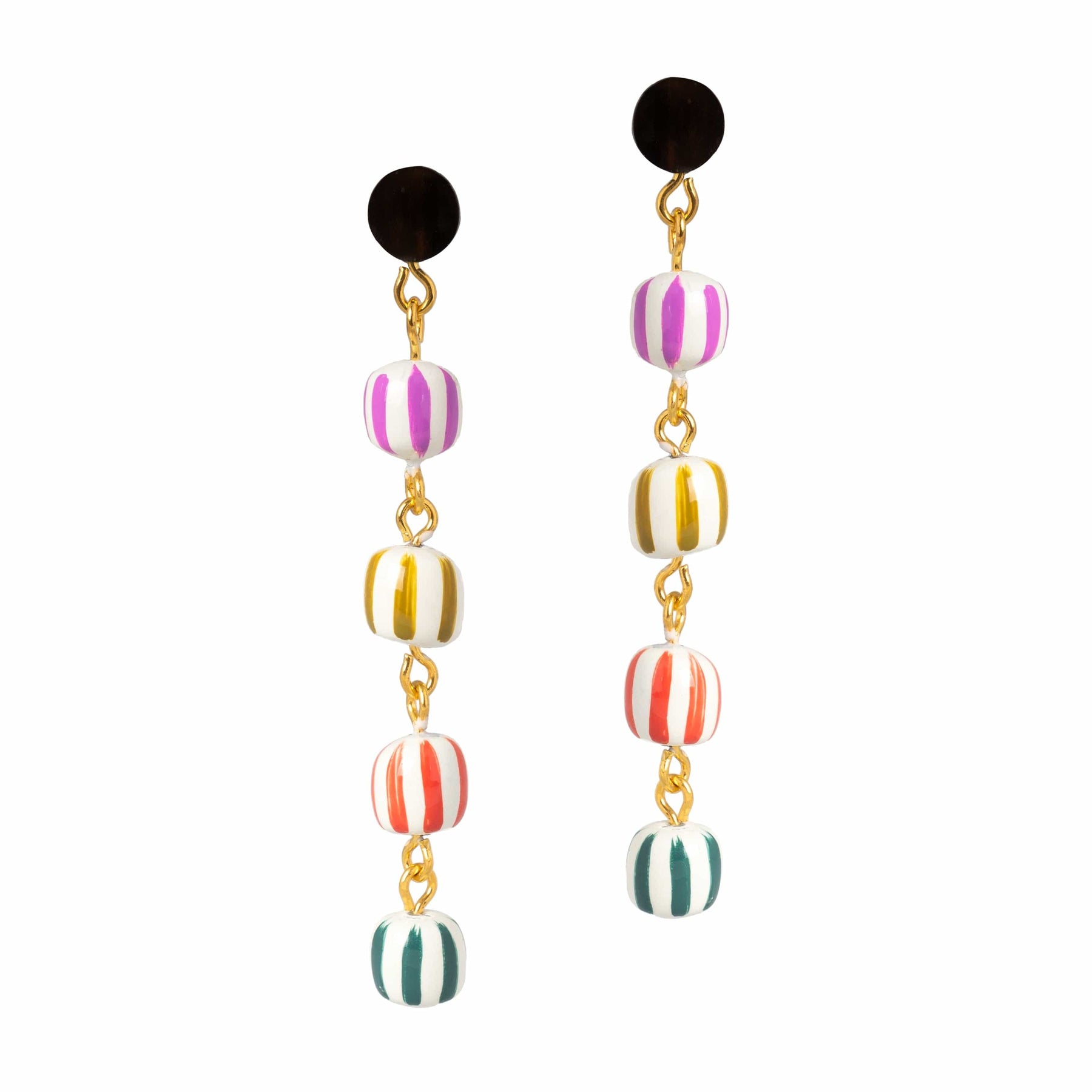 Pair of colorful striped earrings on a white background