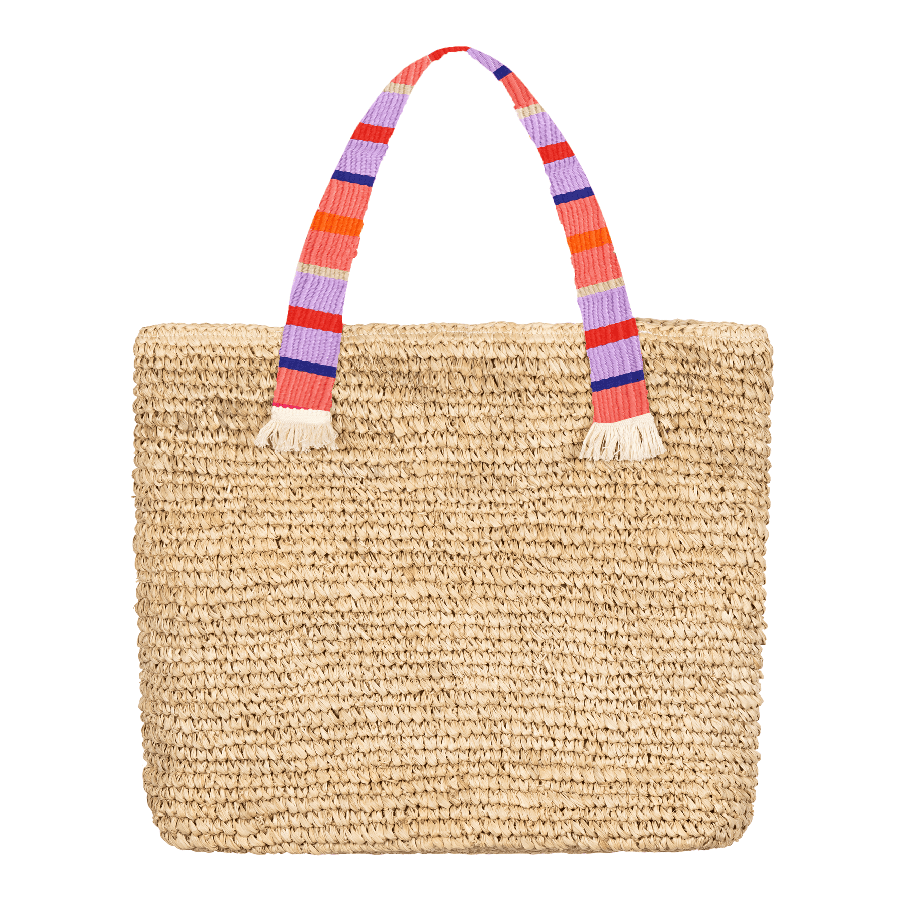 A beige raffia tote bag with colorful striped handles and snap closure.