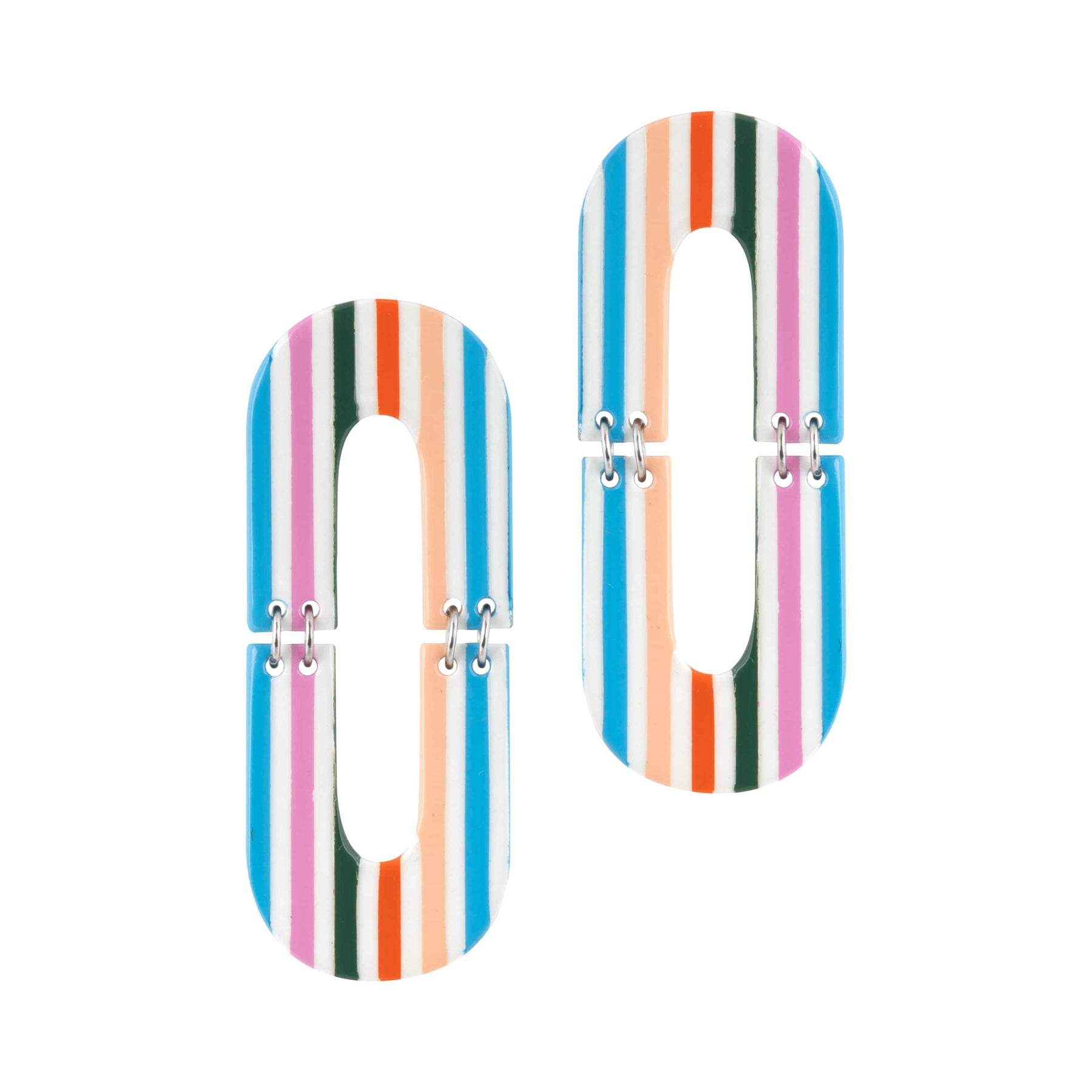 A pair of colorful striped rancher earrings with blue, pink, green, peach, and ivory stripes, made from buffalo horn, attached to stainless steel ear posts.