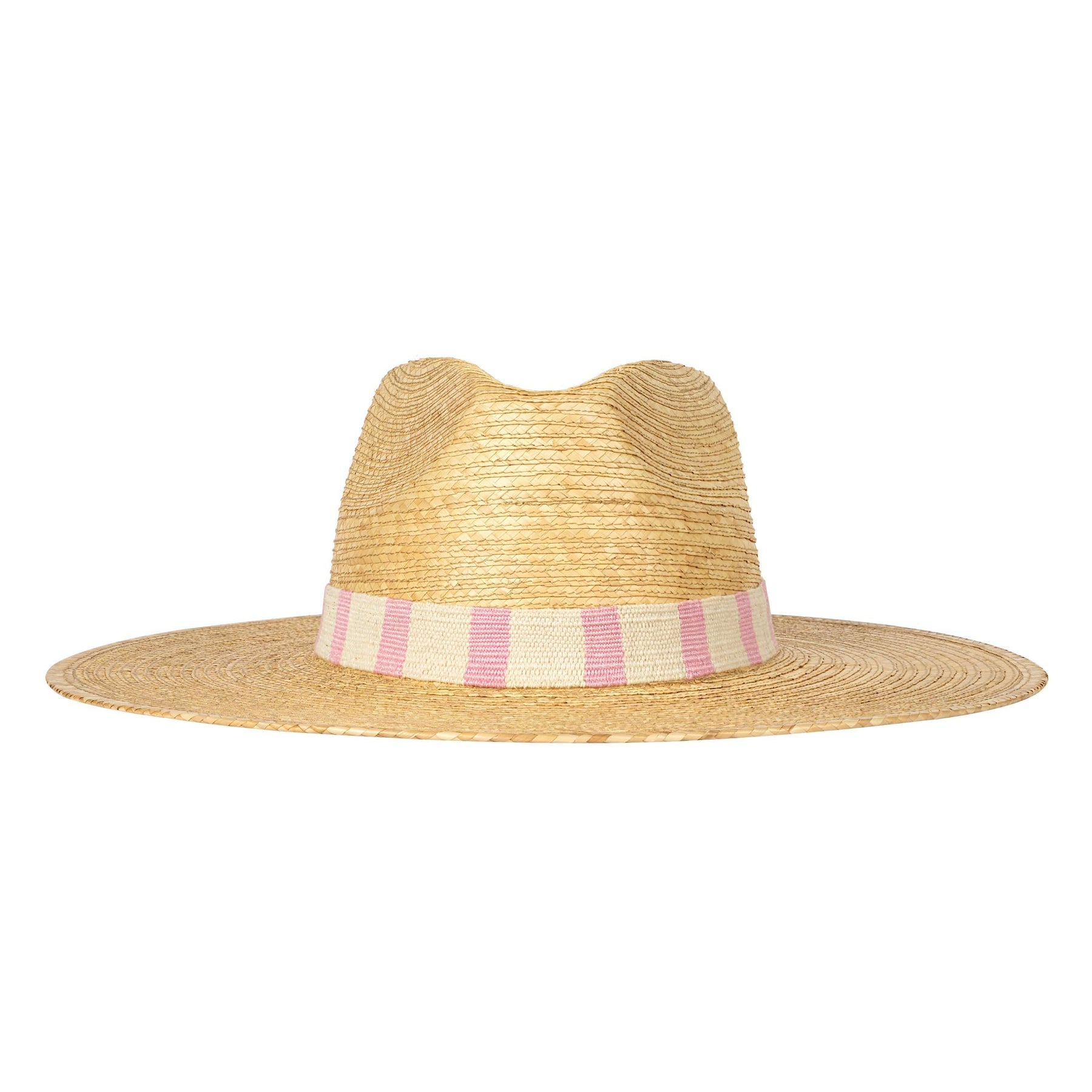 Straw hat with a pink and white striped band on a white background