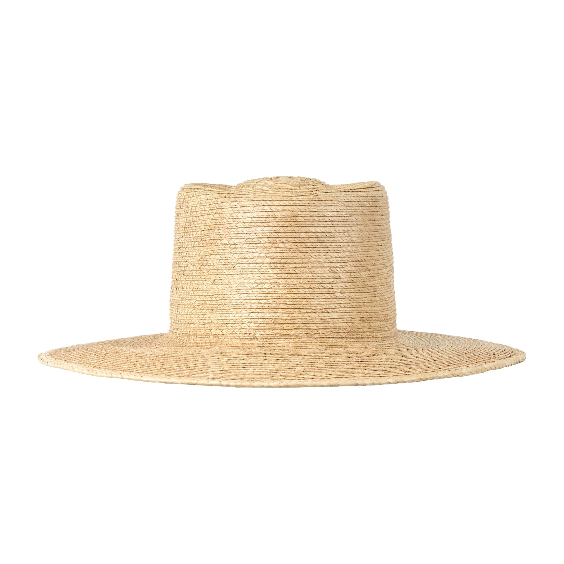 A beige, oversized boater style hat with a telescope crown, displayed against a white background.