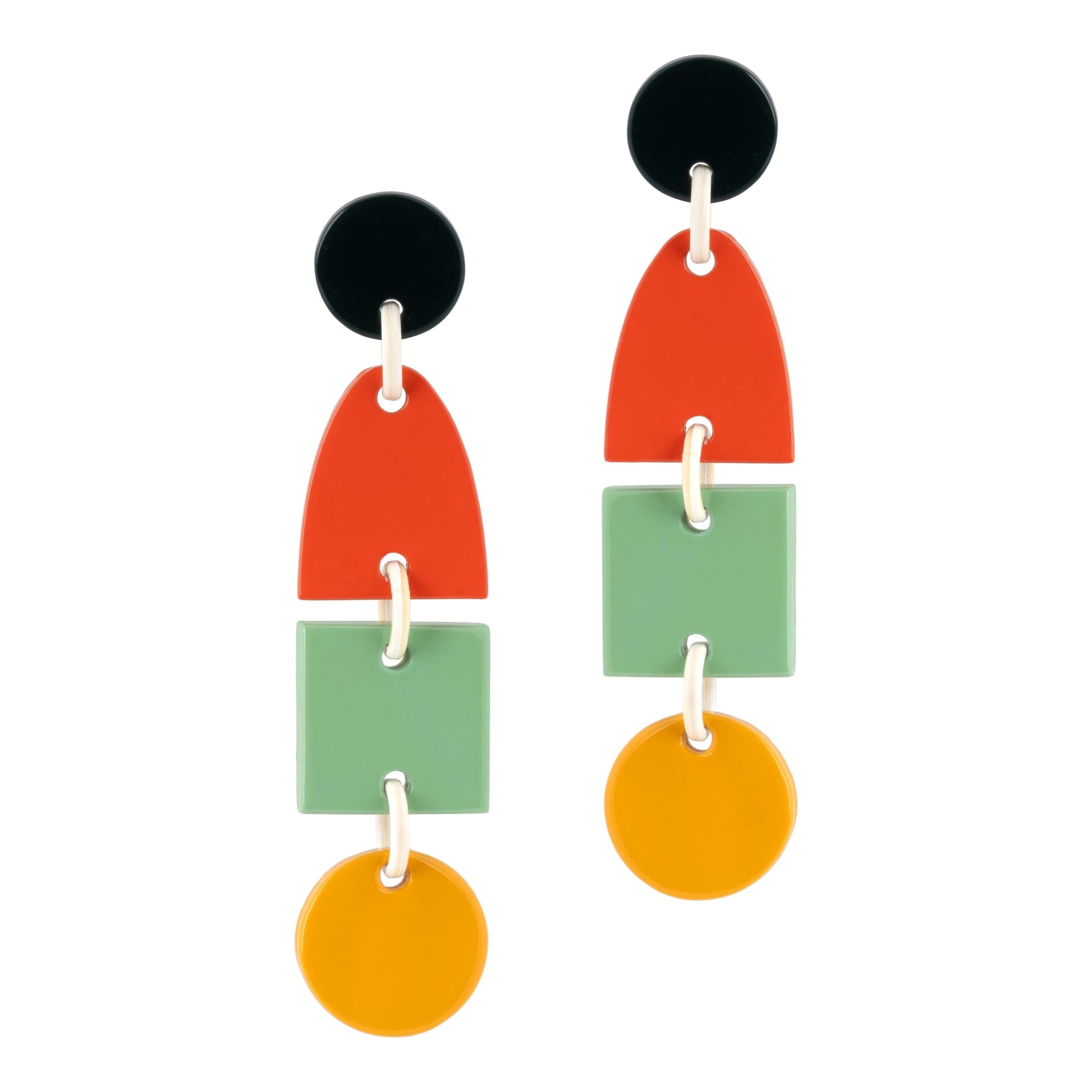 A pair of drop earrings featuring bright orange, green, and yellow geometric shapes with black accents, connected by a lightweight buffalo horn structure.