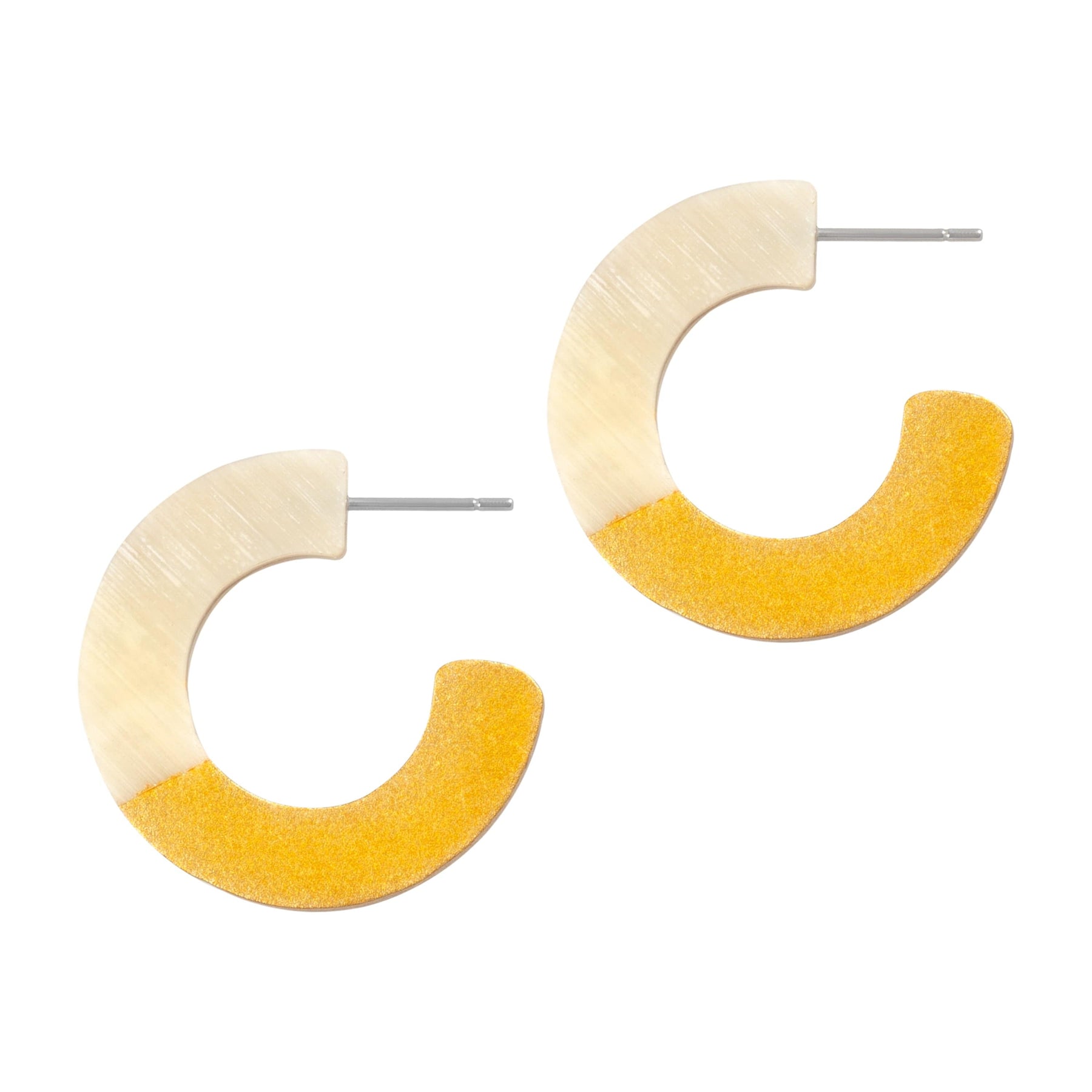 Pair of earrings with yellow and beige half-circle design on a white background