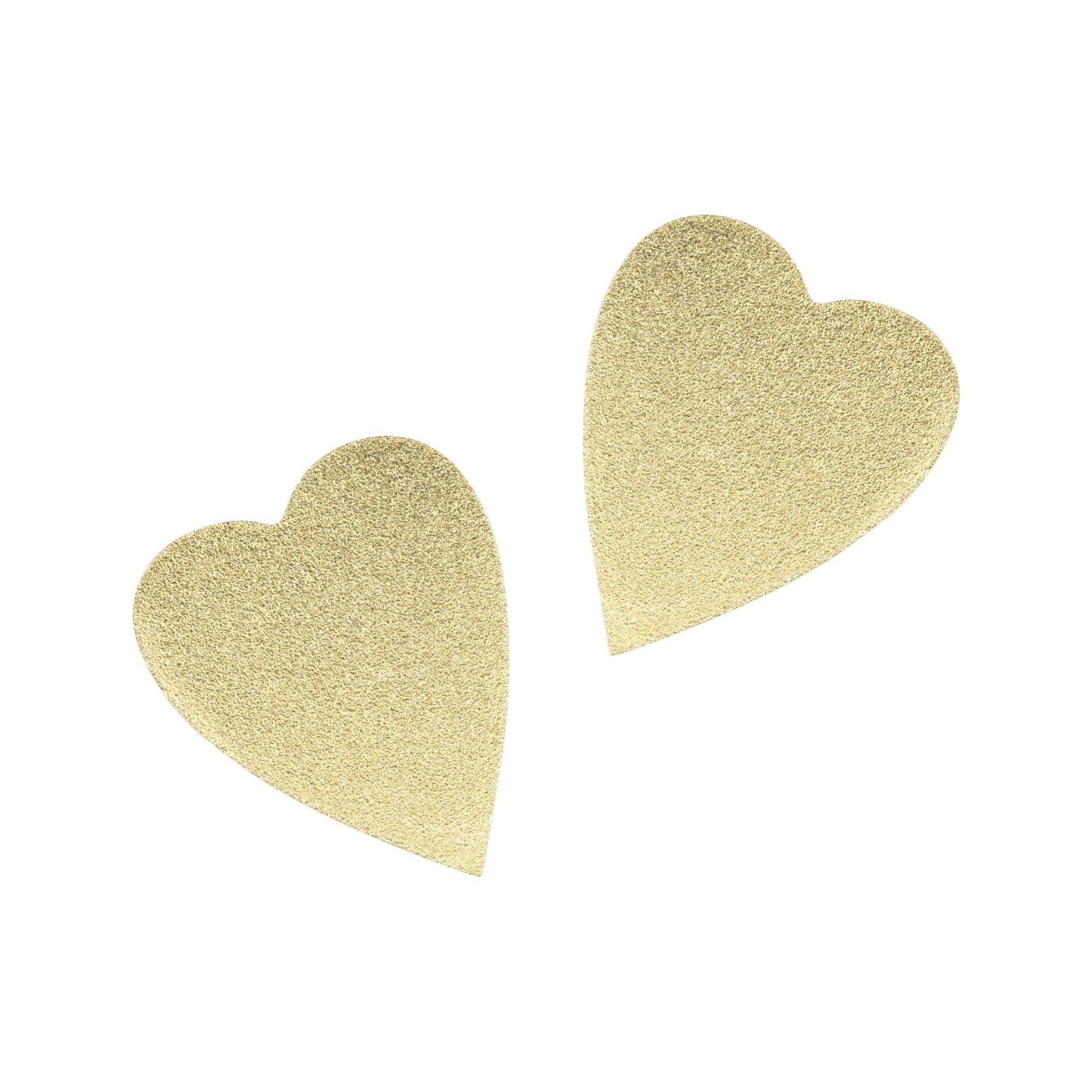 A pair of gold heart-shaped stud earrings with a metallic finish.