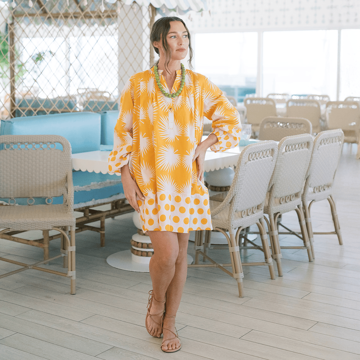 gold dotted dress Dahlia Long Sleeve Polka Dot Rosette Mini Dress Mara Blak