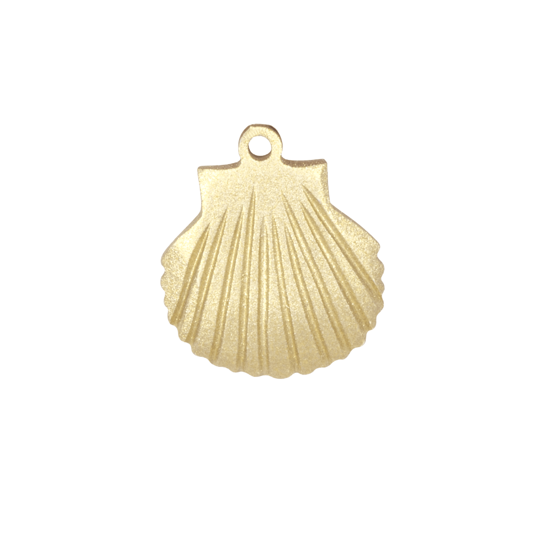 A gold-colored metal seashell charm with a smooth, shiny finish.