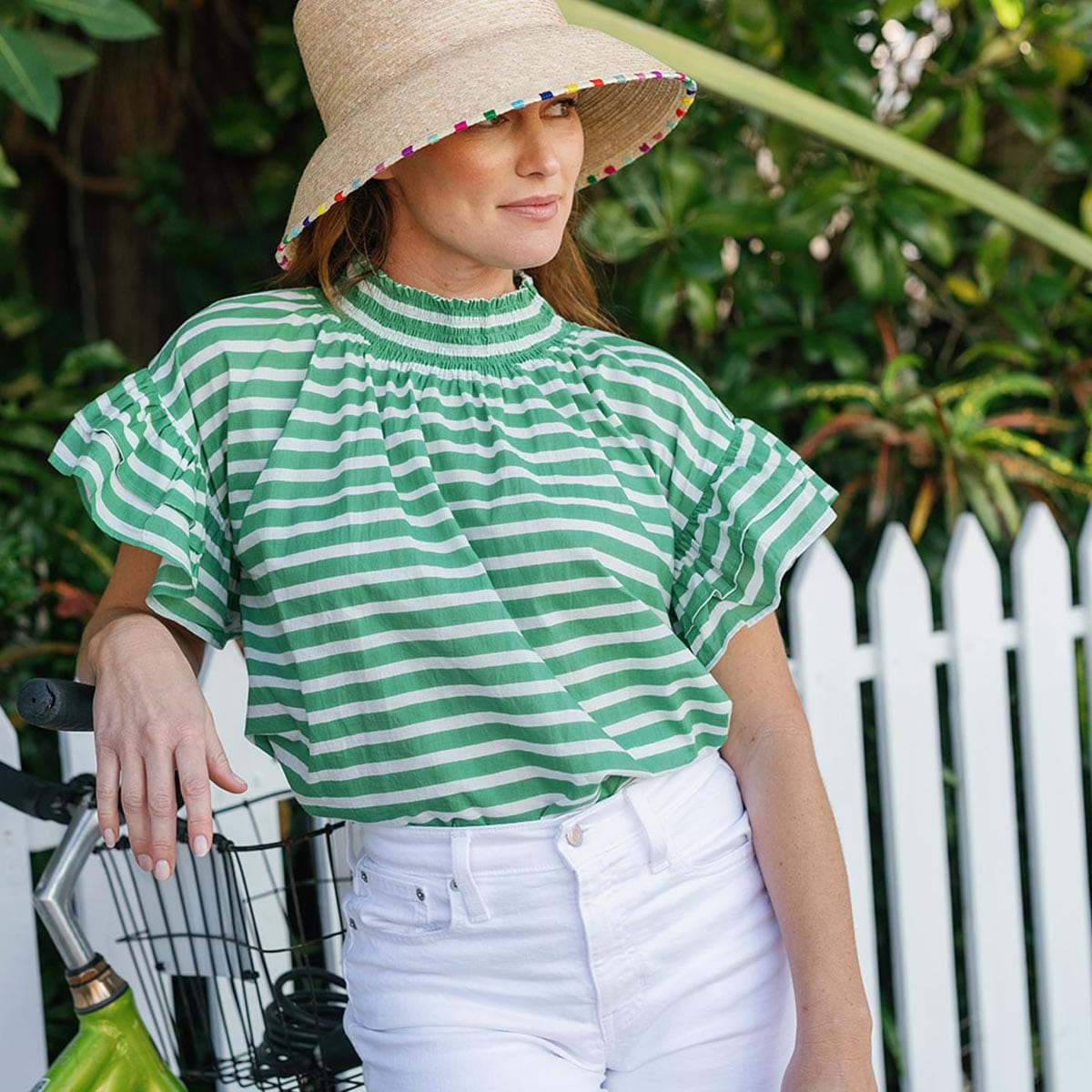 Sunshine Tienda® Green and White Stripe Flutter Top