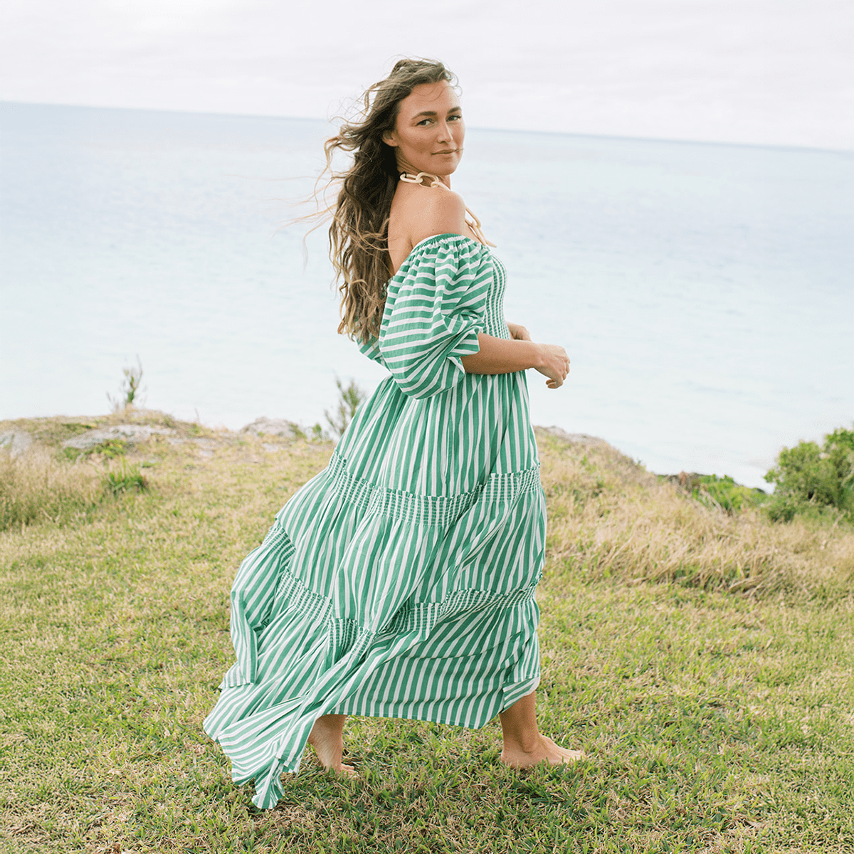 Green and White Stripe Tula Dress S Green and White Stripe Tula Dress S