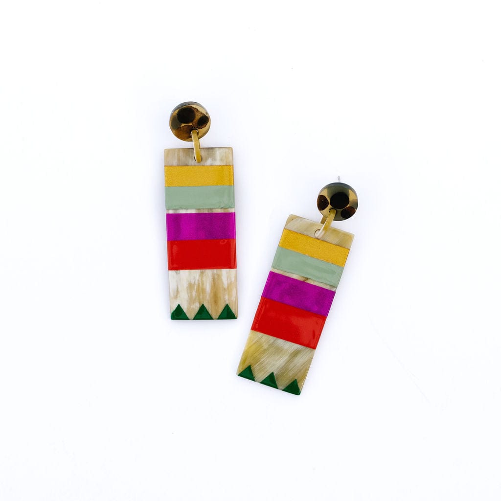 A pair of colorful geometric patterned earrings with metal ear posts.