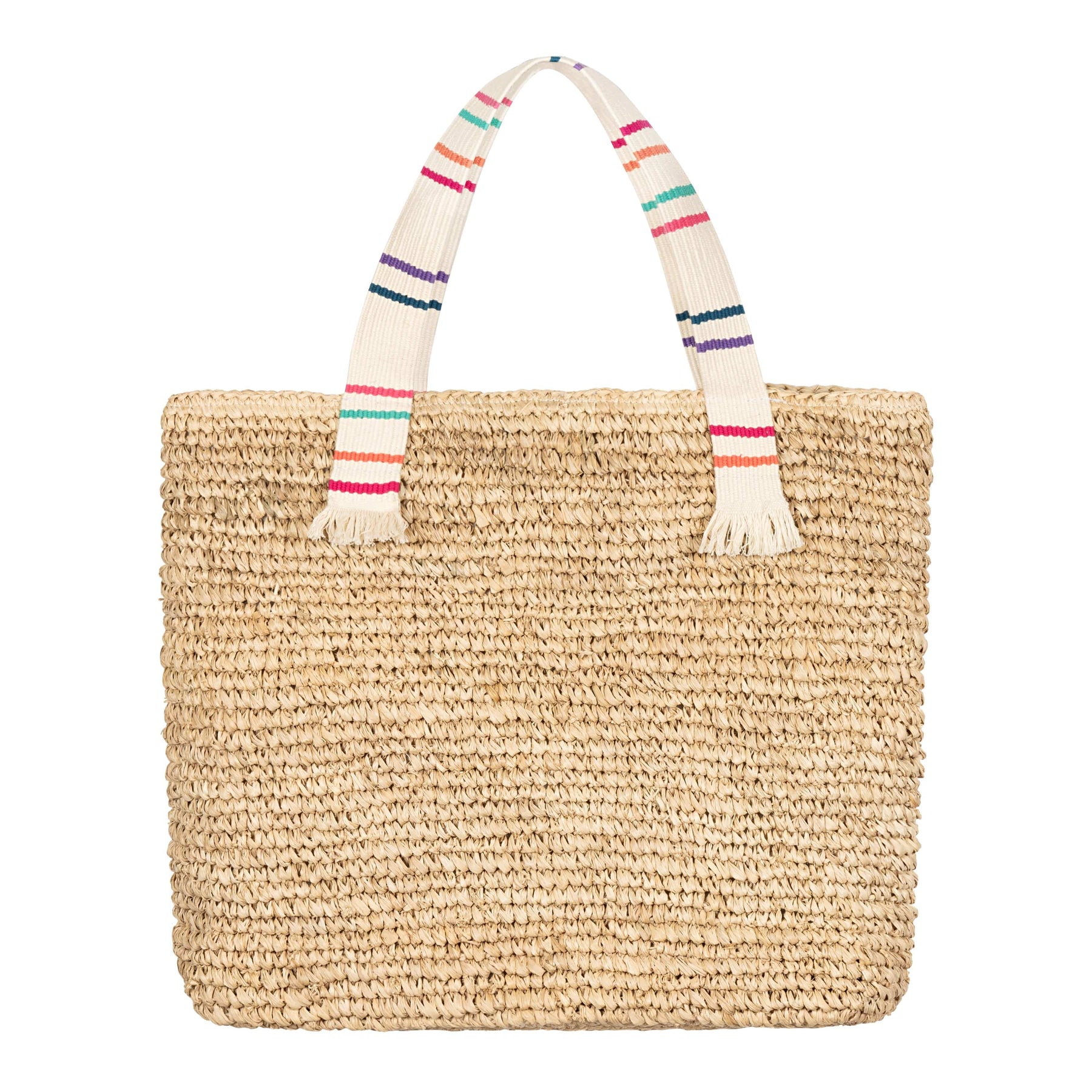 A beige raffia tote bag with multicolored striped handles and a snap closure.