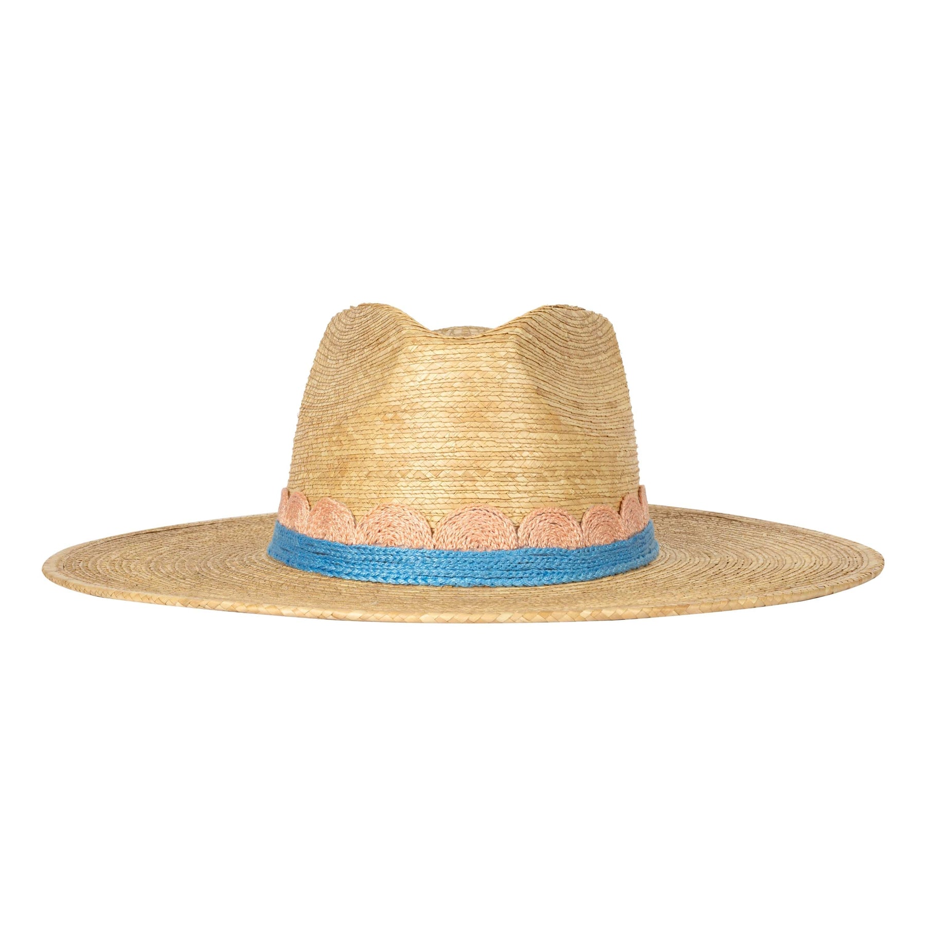 Straw hat with a blue band on a white background