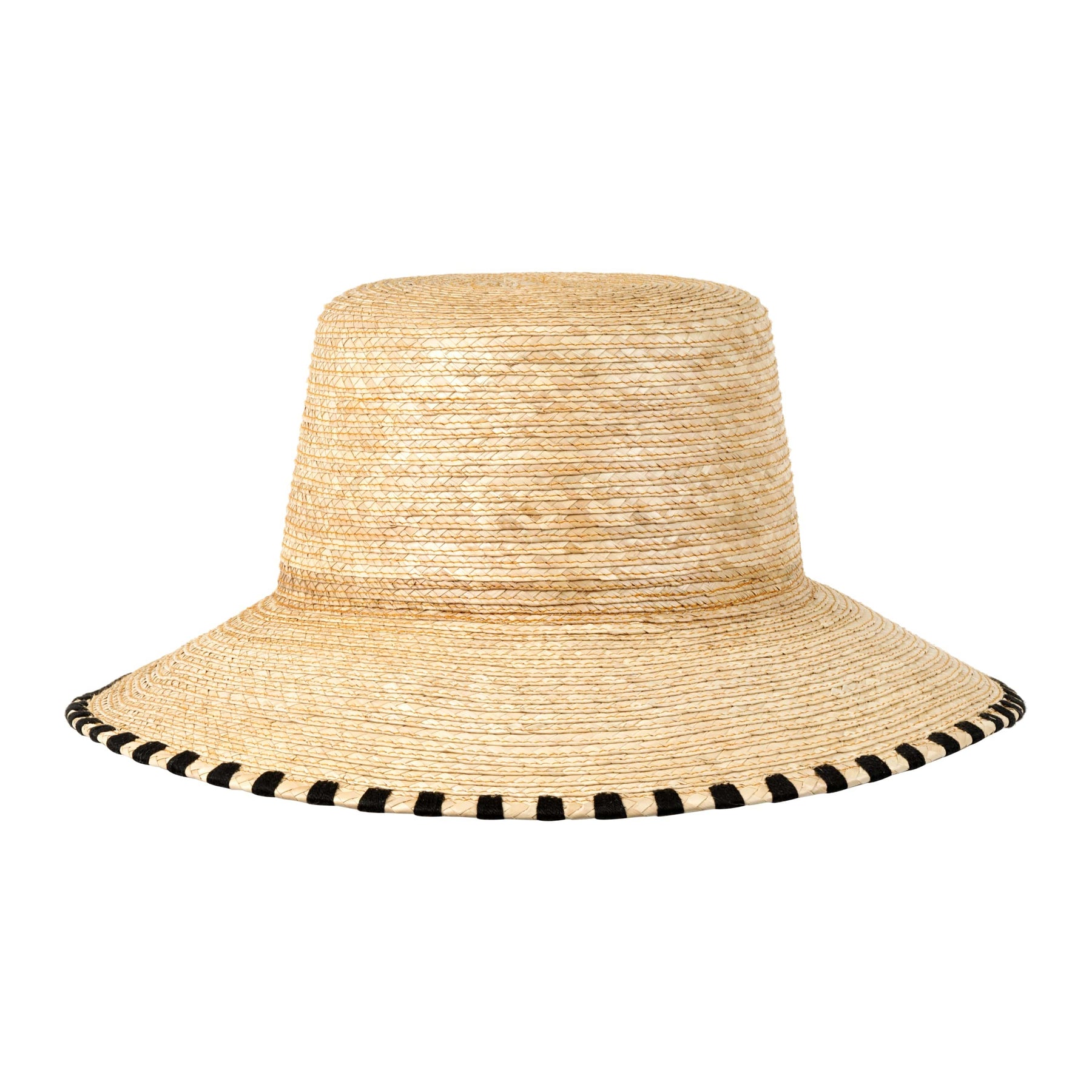 A beige bucket hat with hand stitched black stripes along the brim.