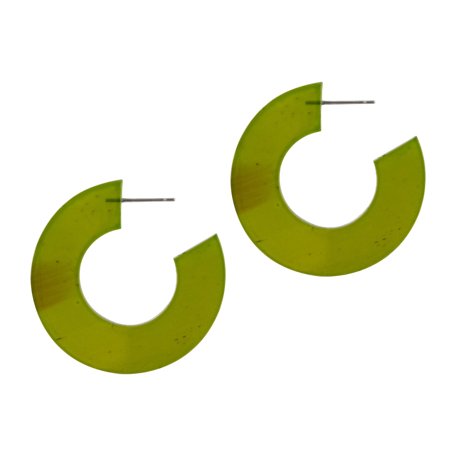 Pair of green hoop earrings on a white background