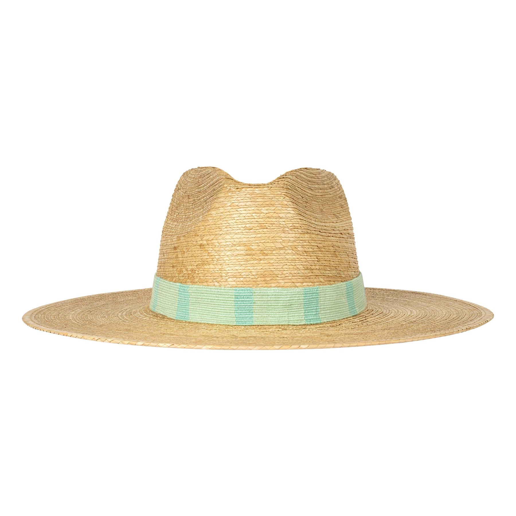 Straw hat with a green band on a white background