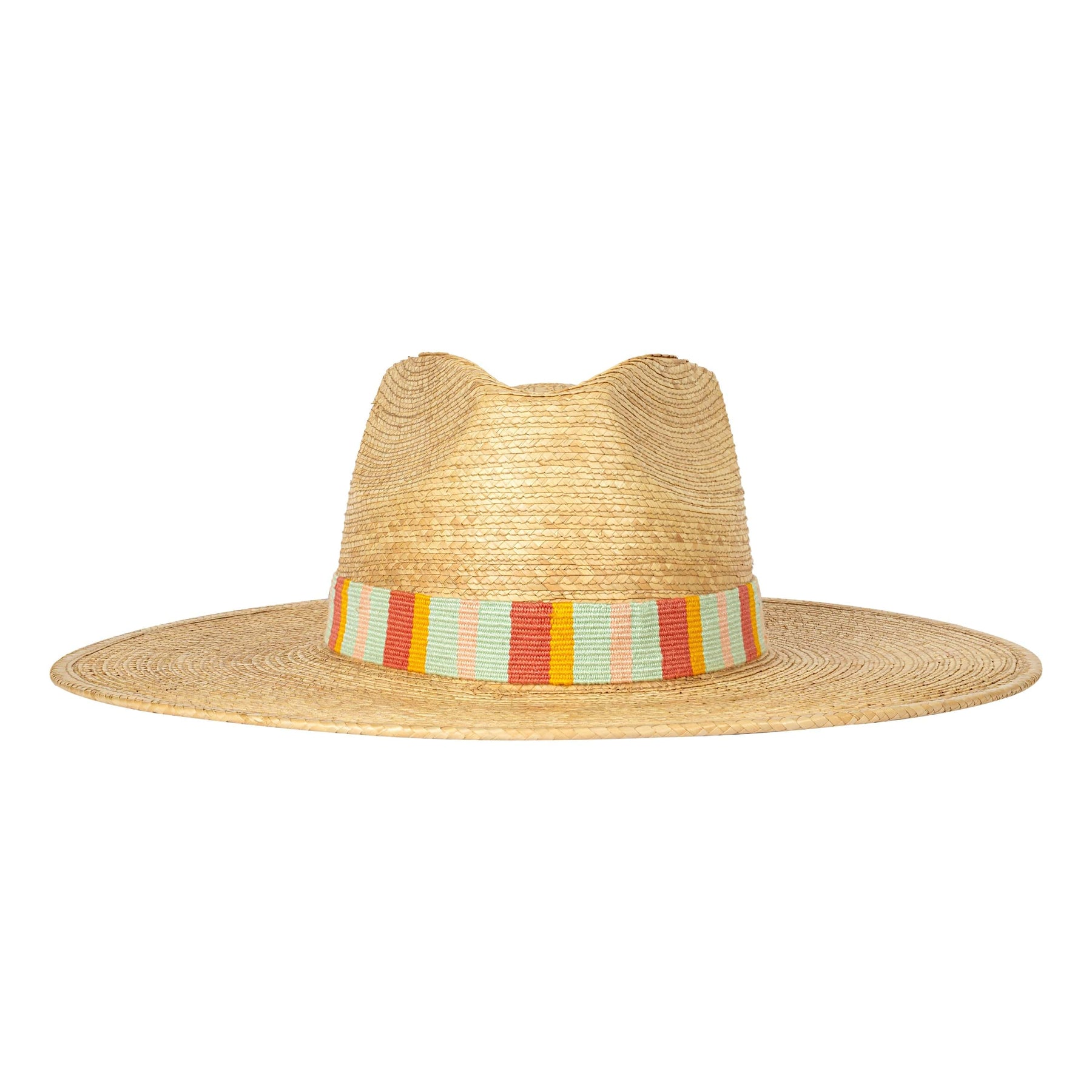Straw hat with a colorful band on a white background