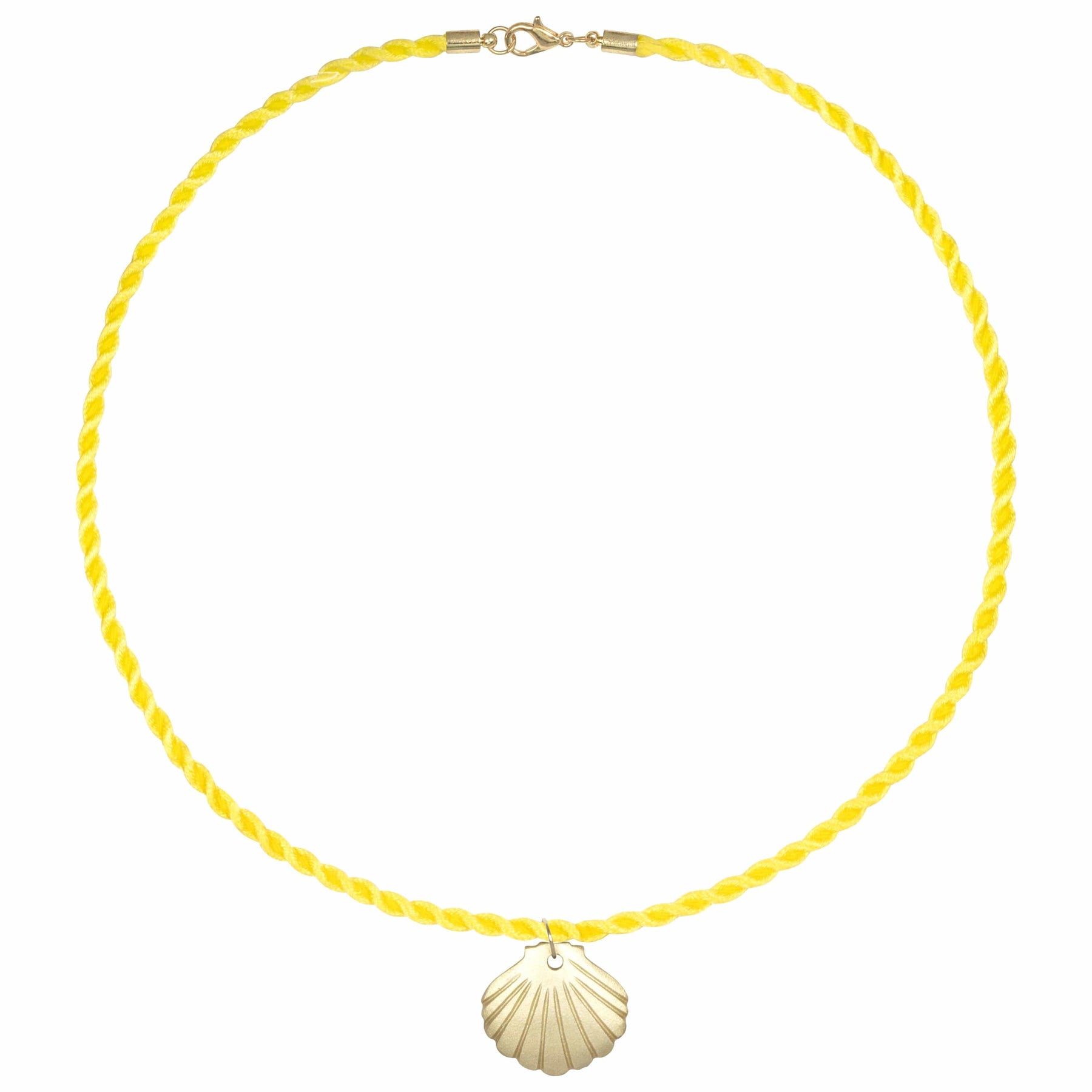 A yellow rope necklace with a metallic shell-shaped charm pendant, displayed against a white background.