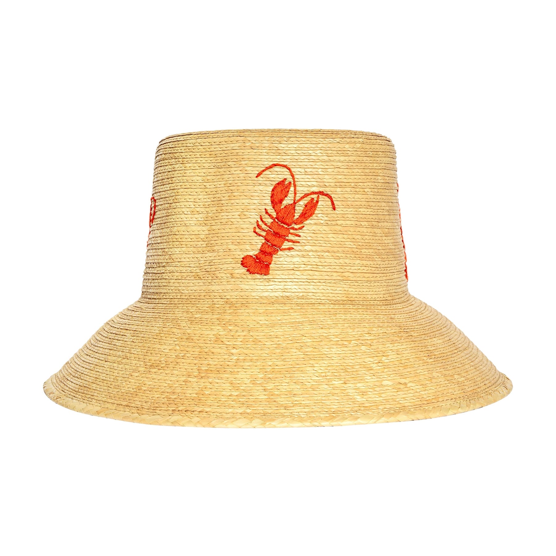 Beige straw hat with red lobster embroidery on a white background