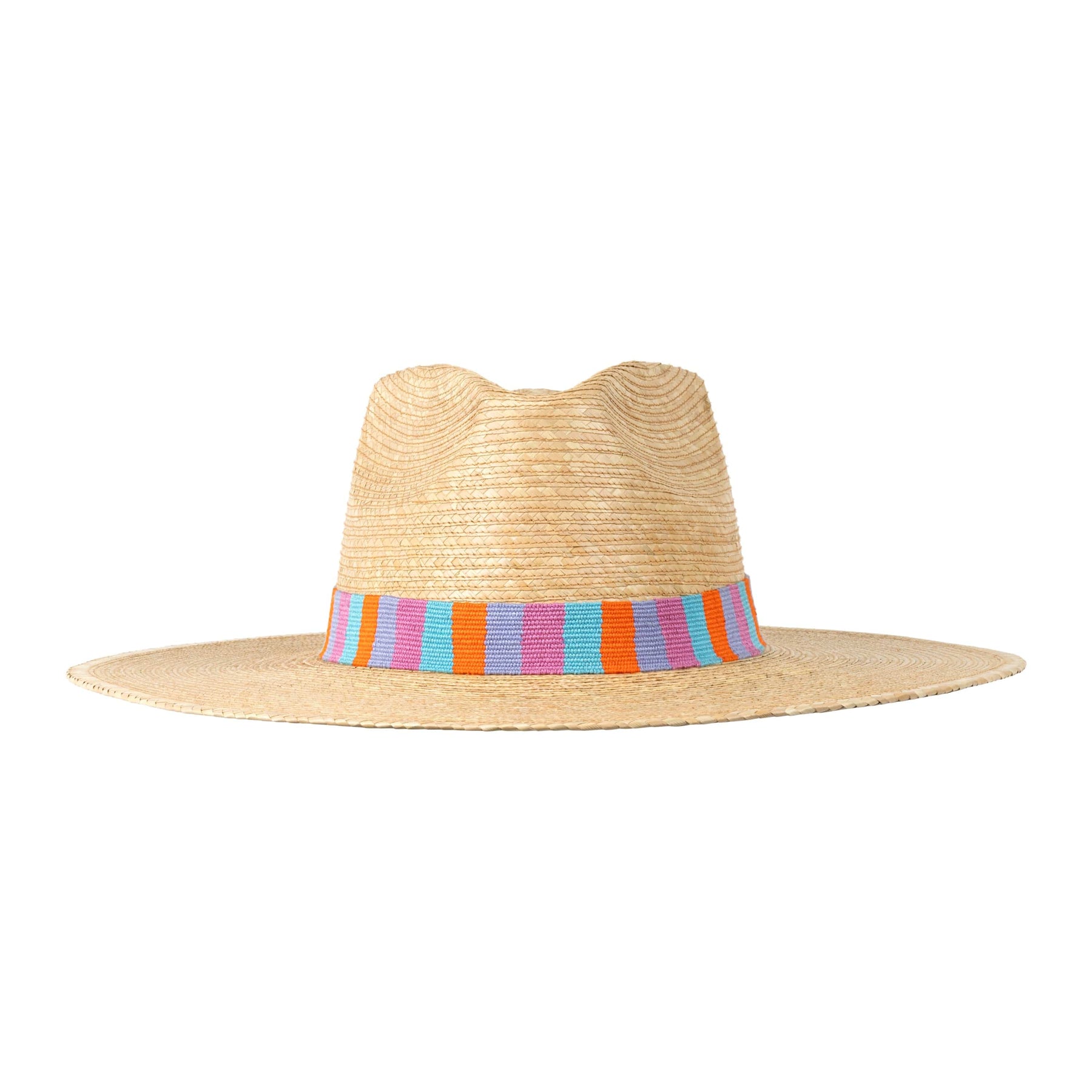 A Loraine Palm Hat with a beige crown and a wide brim featuring a colorful striped band in turquoise, orange, and purple.