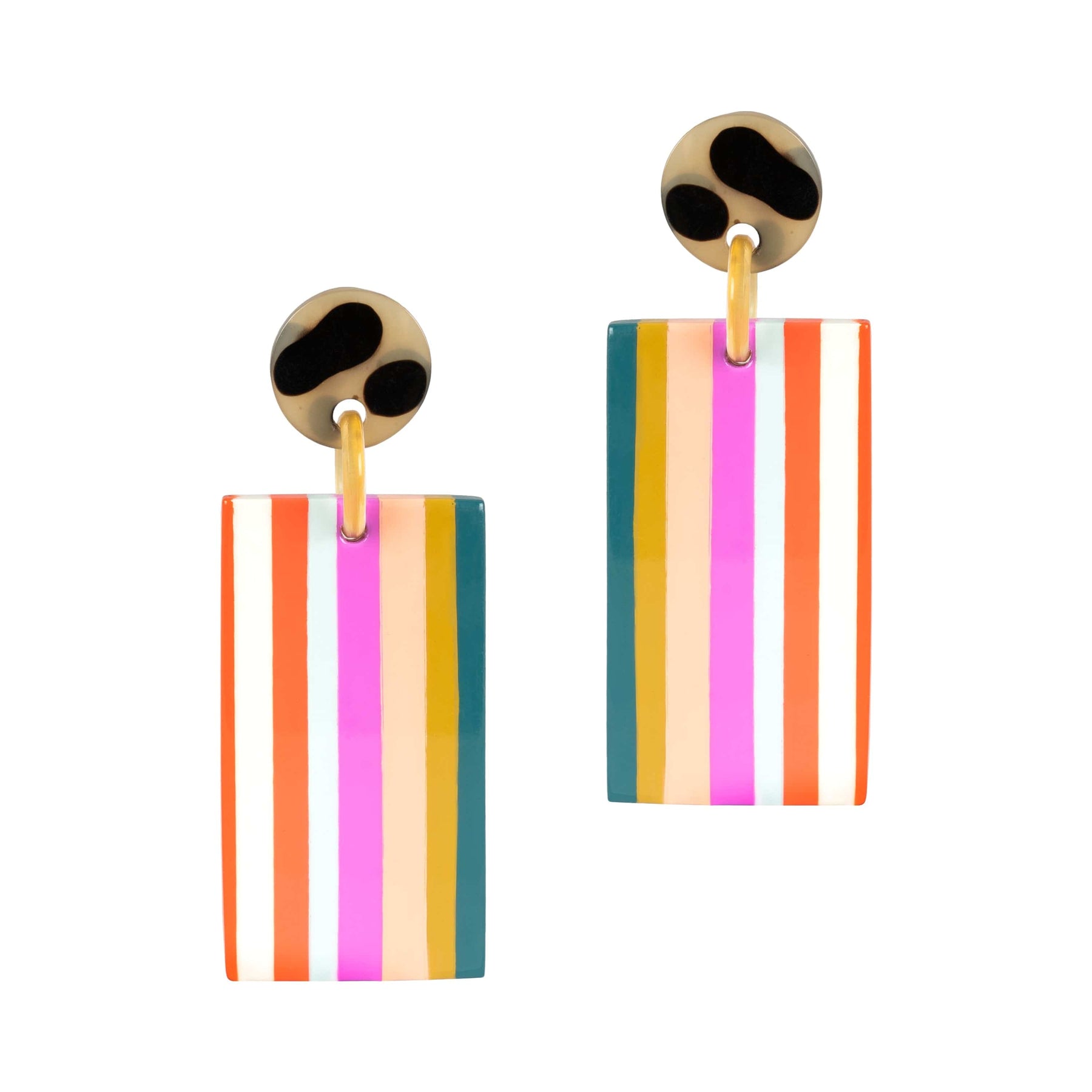 Colorful striped earrings on a white background