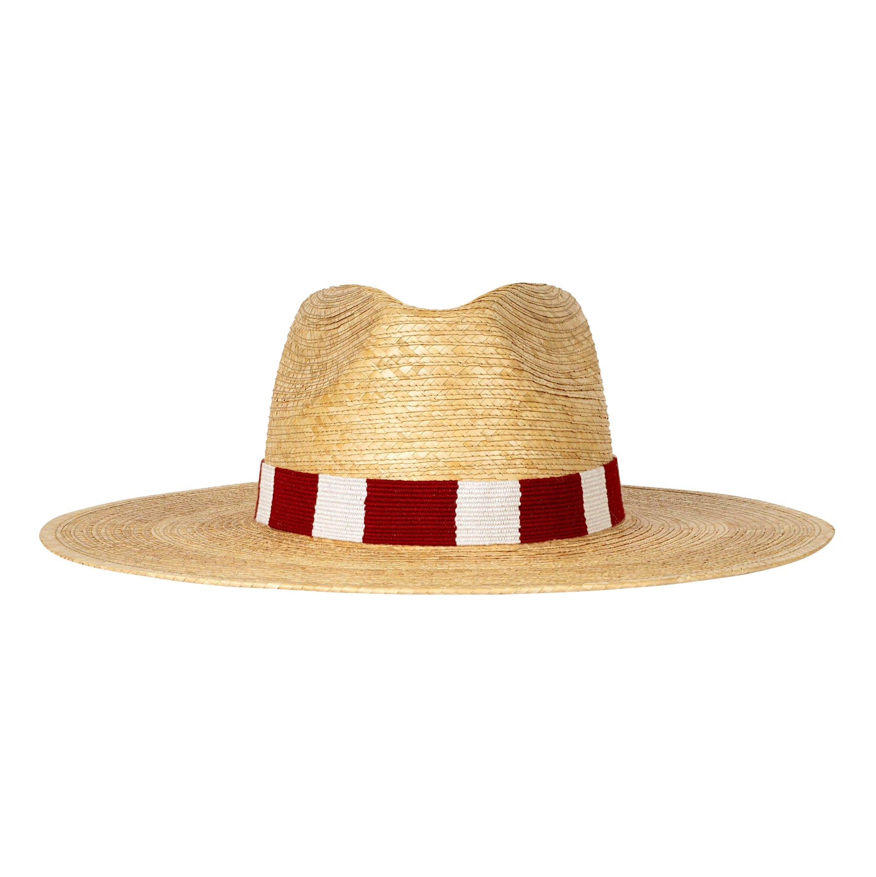 Straw hat with a red and white striped band on a white background