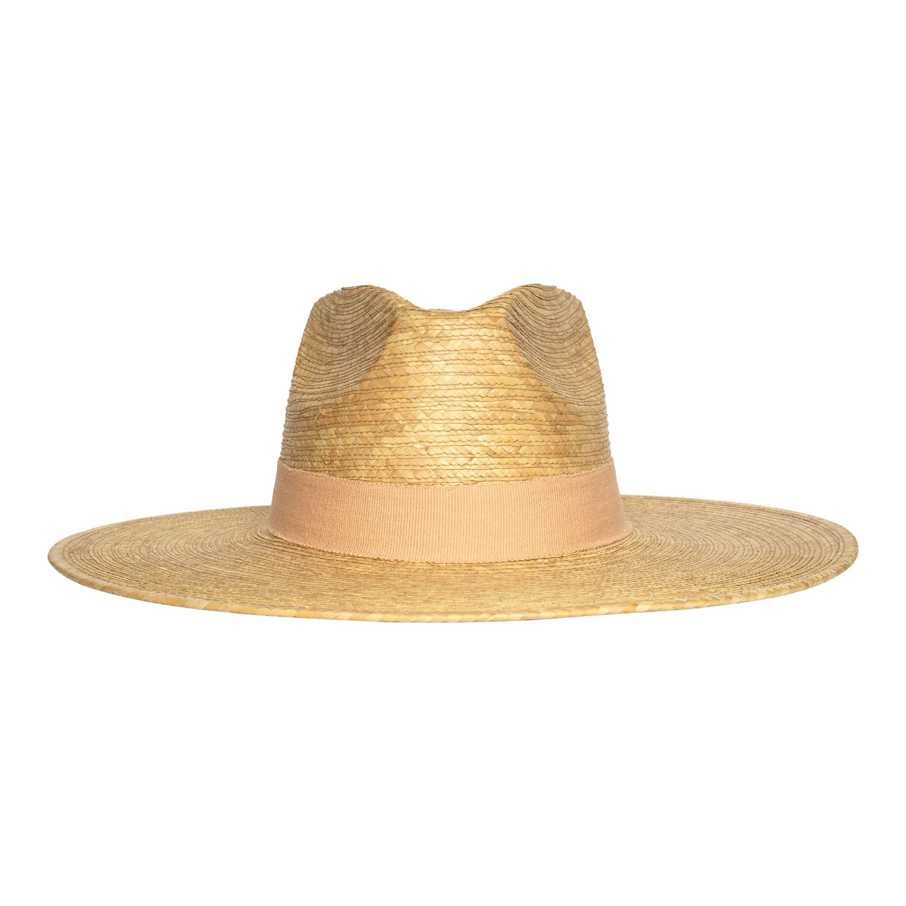 Wide-brimmed straw hat with a beige band on a white background