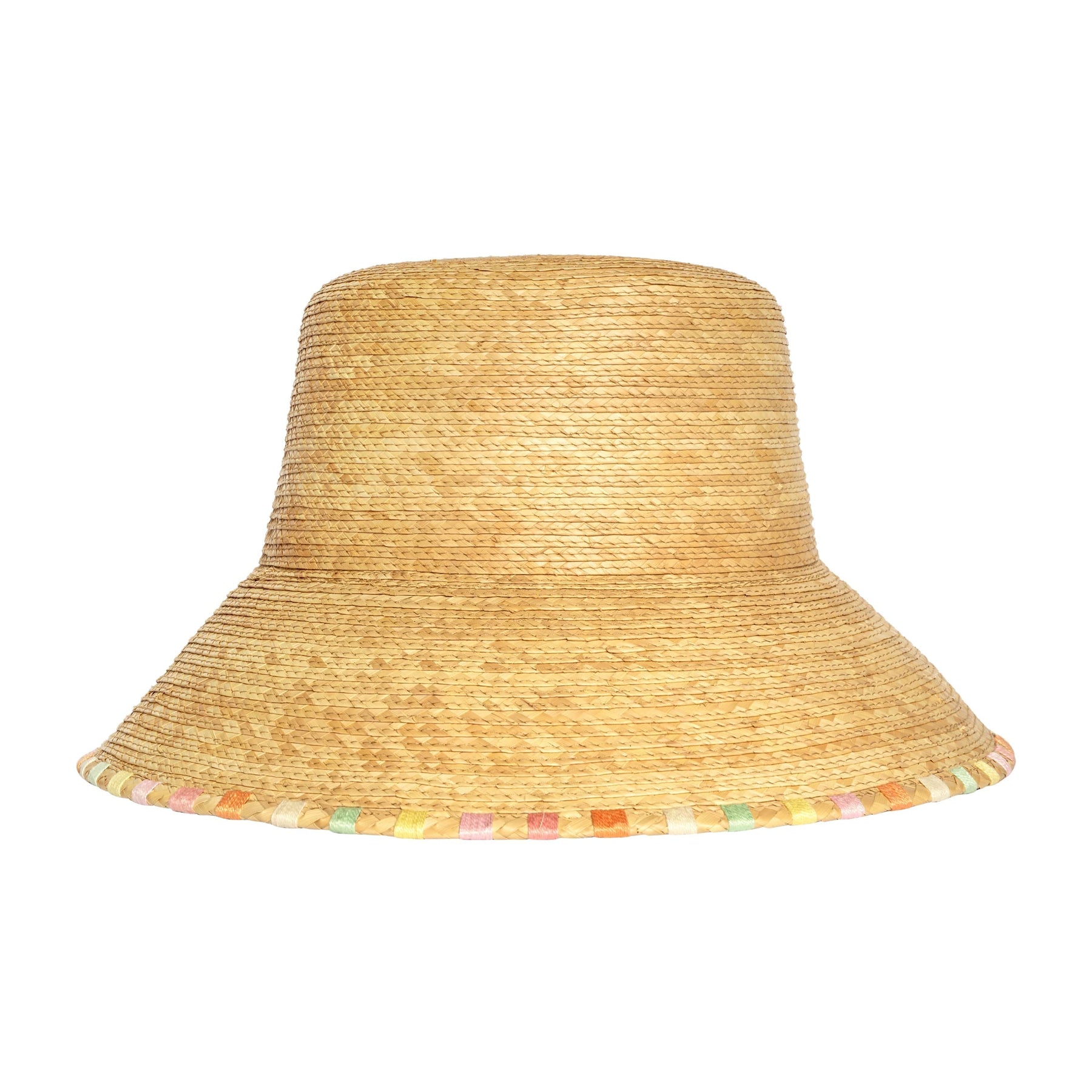 Beige straw hat with colorful trim on a white background